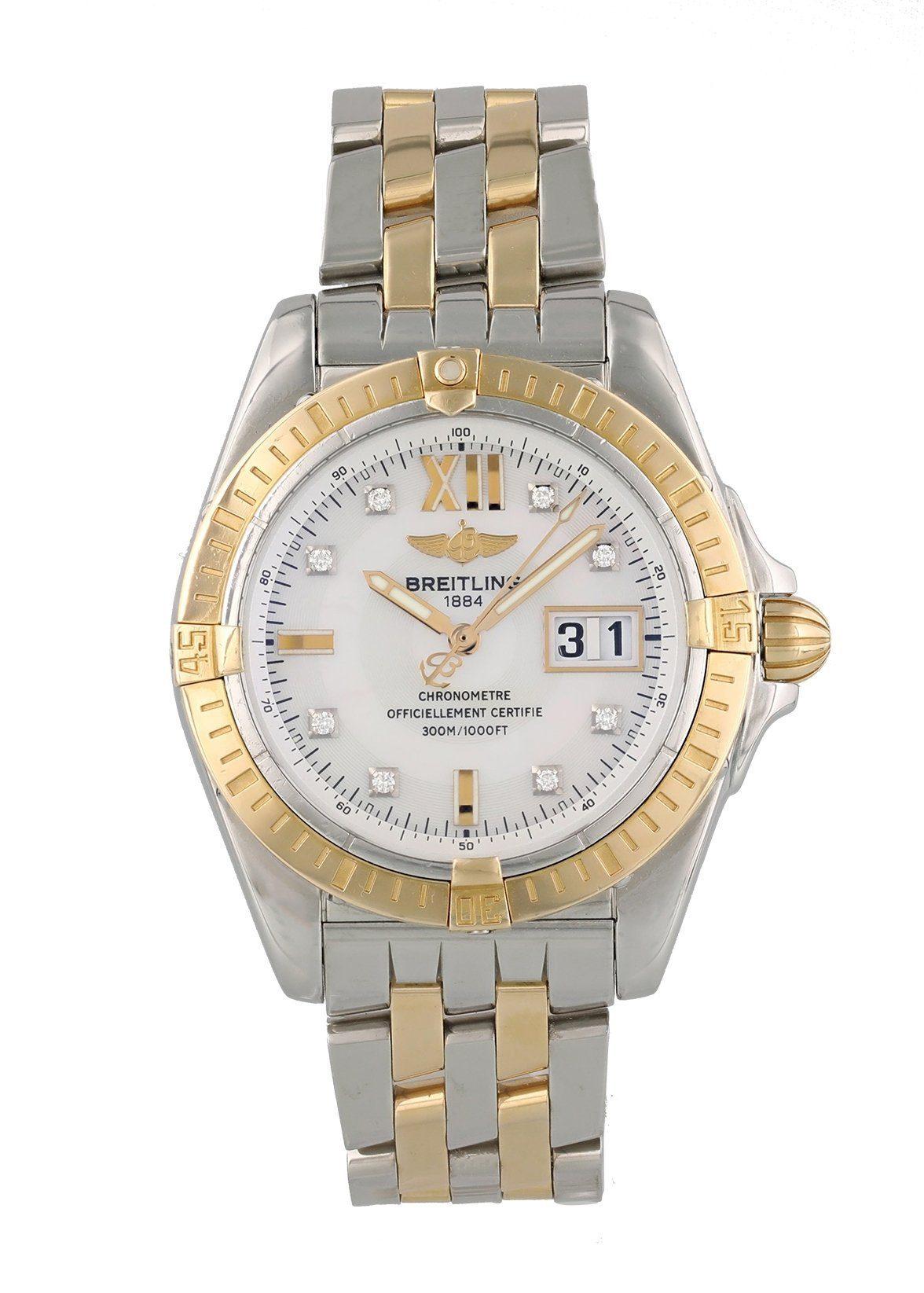 Breitling Galactic C49350 Men Watch. 
41mm Stainless Steel case. 
Yellow Gold bezel. 
Mother-of-Pearl dial with Luminous gold hands and index hour markers. 
Minute markers on the outer dial. 
Date display at the 3 o'clock position. 
Stainless Steel