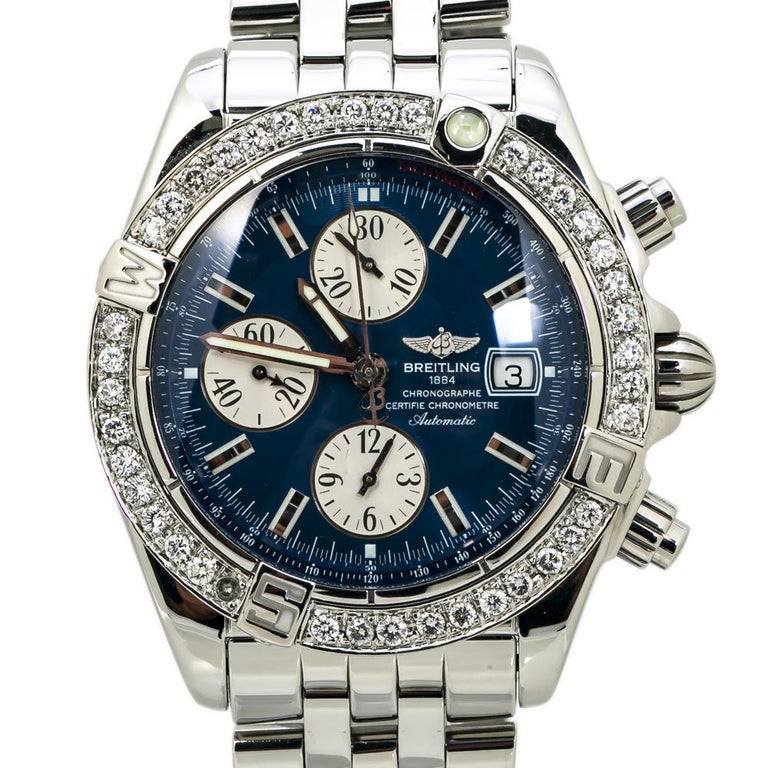 Breitling Galactic Chronograph II A13364 Blue Dial Watch Diamond Bezel