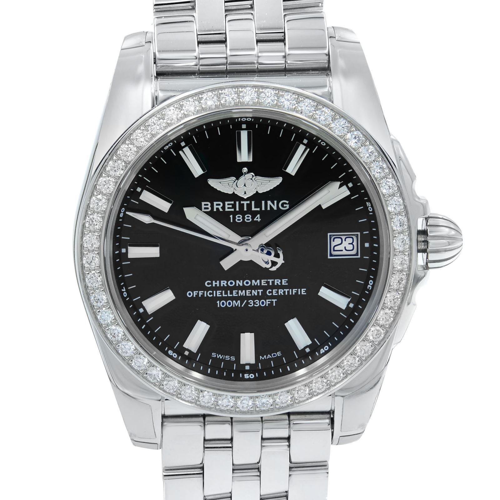 (20697)
This display model Breitling Galactic A7433053/BE08-376A is a beautiful Ladies timepiece that is powered by a quartz movement which is cased in a stainless steel case. It has a round shape face, date, diamonds dial and has hand sticks style