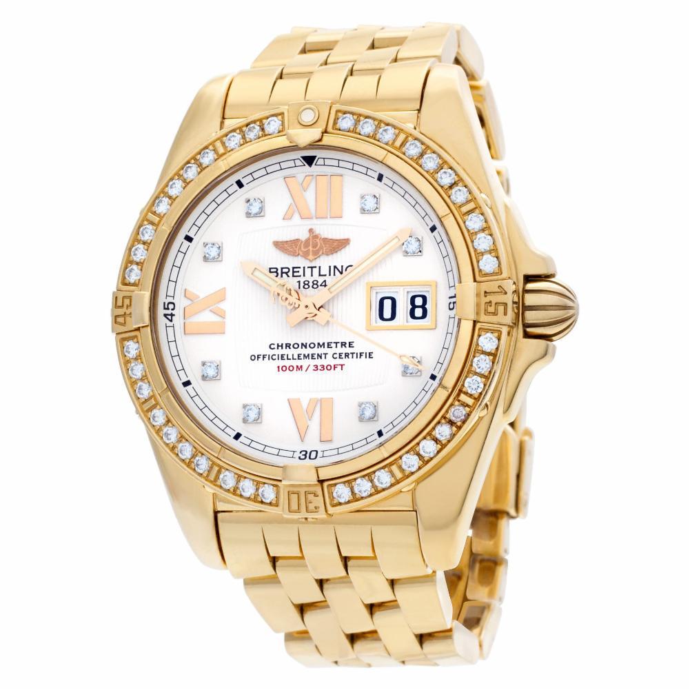 Breitling Windrider Cockpit with original diamond bezel and diamond dial in 18k rose gold. Auto w/ sweep seconds and date. 41 mm case size. With box. Ref h49350. Circa 2000s. Fine Pre-owned Breitling Watch. Certified preowned Sport Breitling