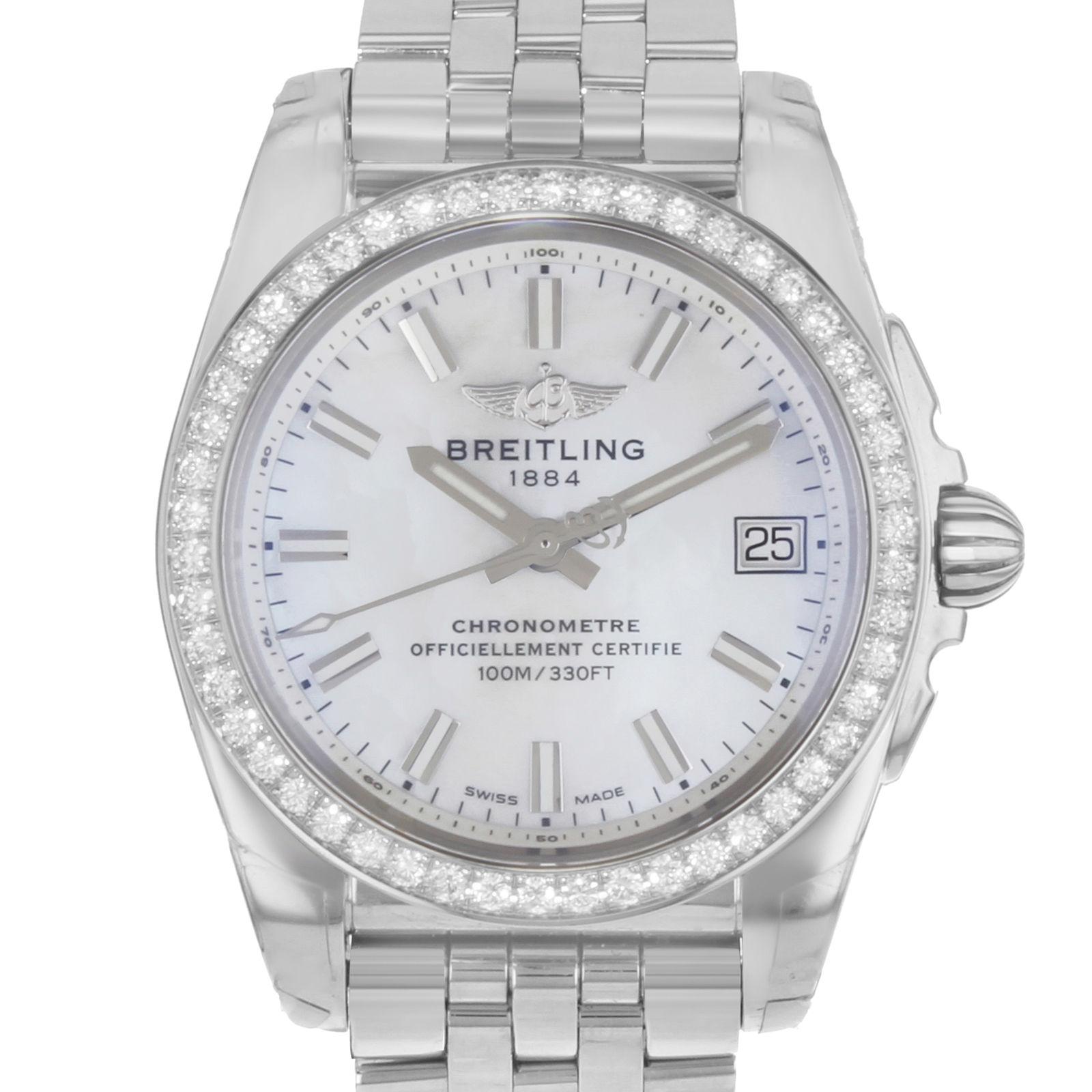 (16448)
This display model Breitling Galactic A7433053/A779-376A is a beautiful Ladies timepiece that is powered by a quartz movement which is cased in a stainless steel case. It has a round shape face, date dial and has hand sticks style markers.