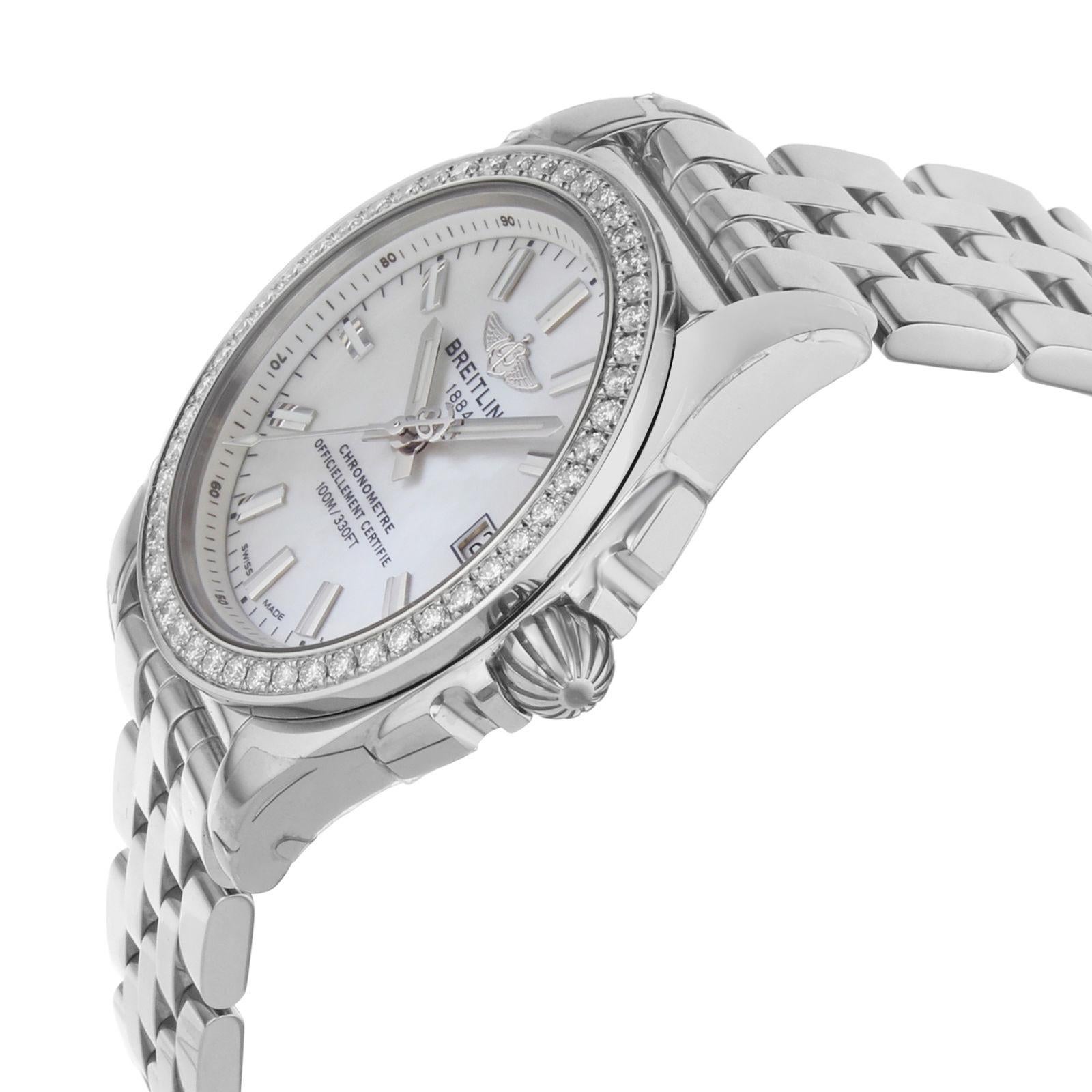 Breitling Galactic Steel MOP Diamonds Quartz Ladies Watch A7433053/A779-376A In Excellent Condition In New York, NY