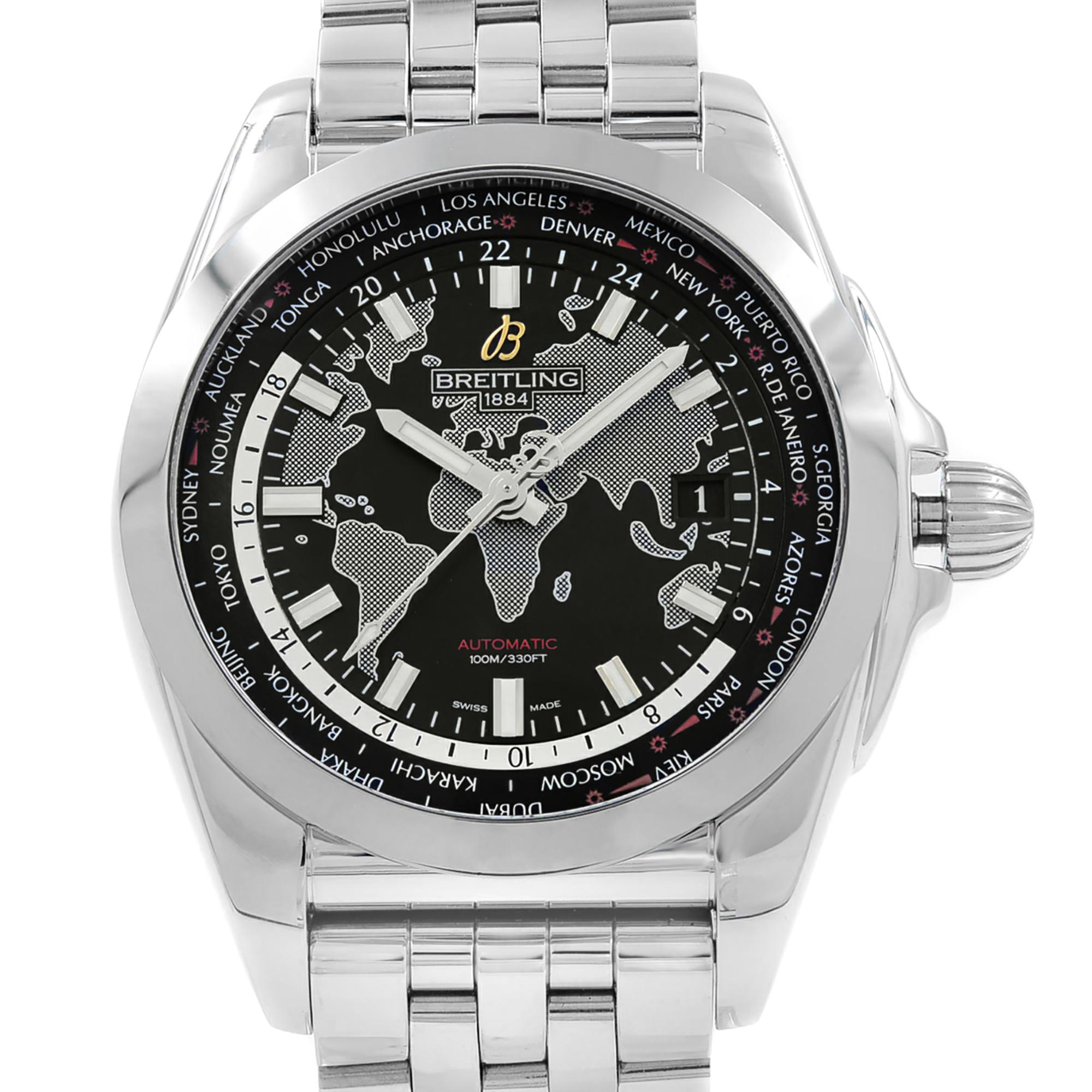 This display model Breitling Galactic  WB3510U4/BD94-375A is a beautiful men's timepiece that is powered by an automatic movement which is cased in a stainless steel case. It has a round shape face, date dial and has hand sticks style markers. It is