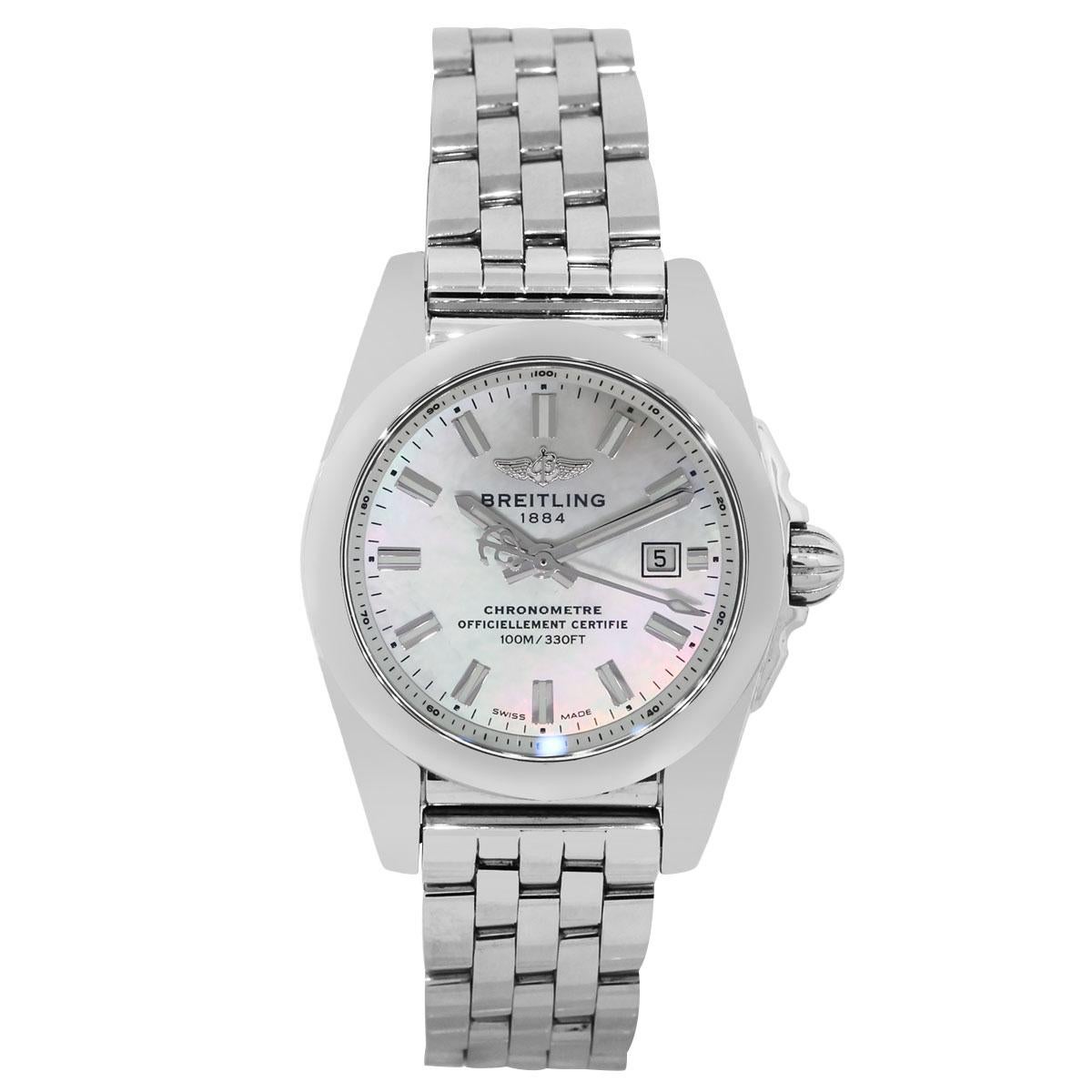 Brand: Breitling
MPN: W72348
Model: Galactic
Case Material: Stainless steel
Case Diameter: 29mm
Crystal: Sapphire crystal
Bezel: Smooth stainless steel fixed bezel
Dial: Mother of Pearl dial with silver luminescent hour makers and hands. Date is
