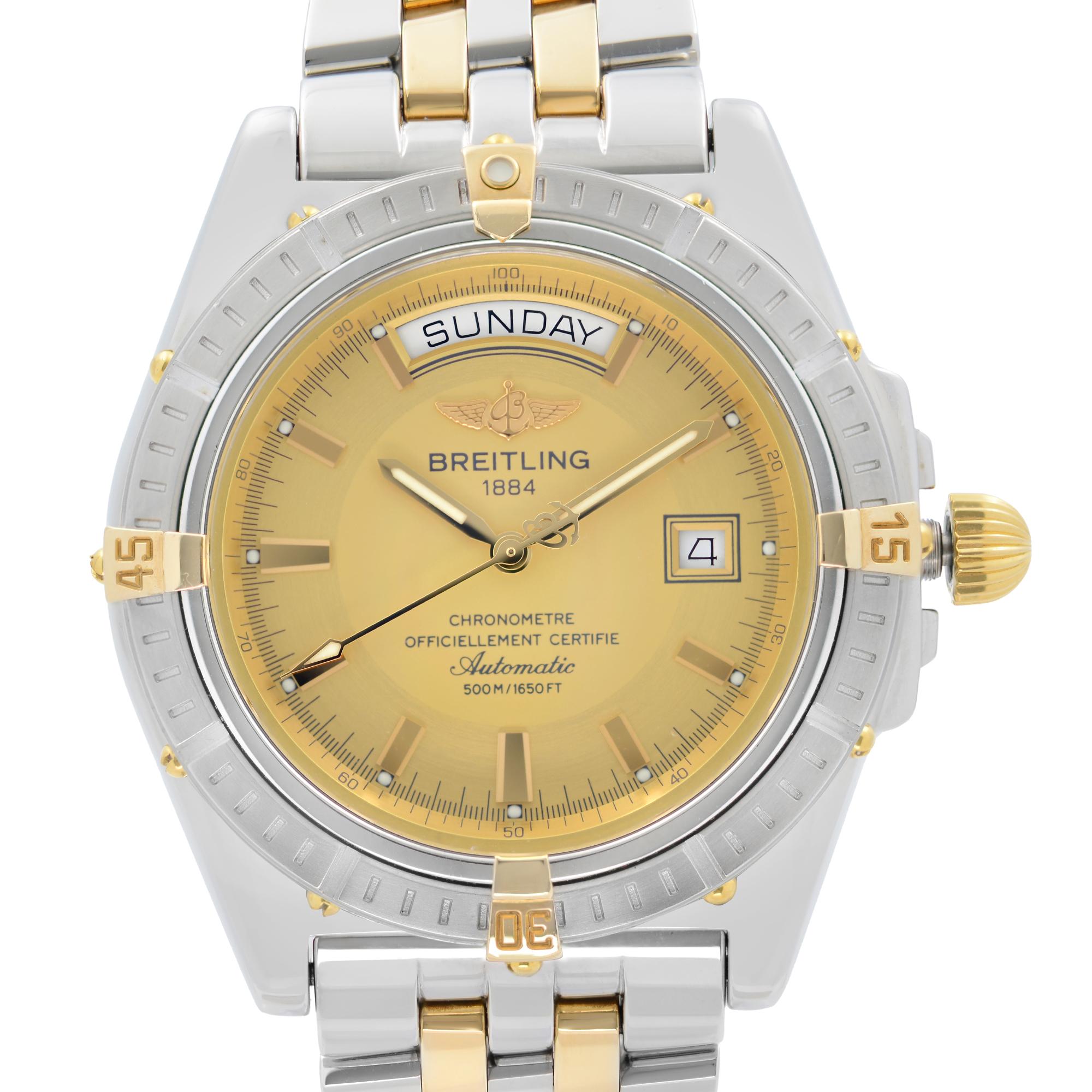 Pre-owned Like New Breitling Headwind Gold Plated Steel Champagne Dial Automatic Men's Watch B45355. 18K Yellow gold Bezel riders. Gold plated Two-Tone bracelet.  This Beautiful Timepiece Features: Stainless Steel Case with a Gold Plated Stainless