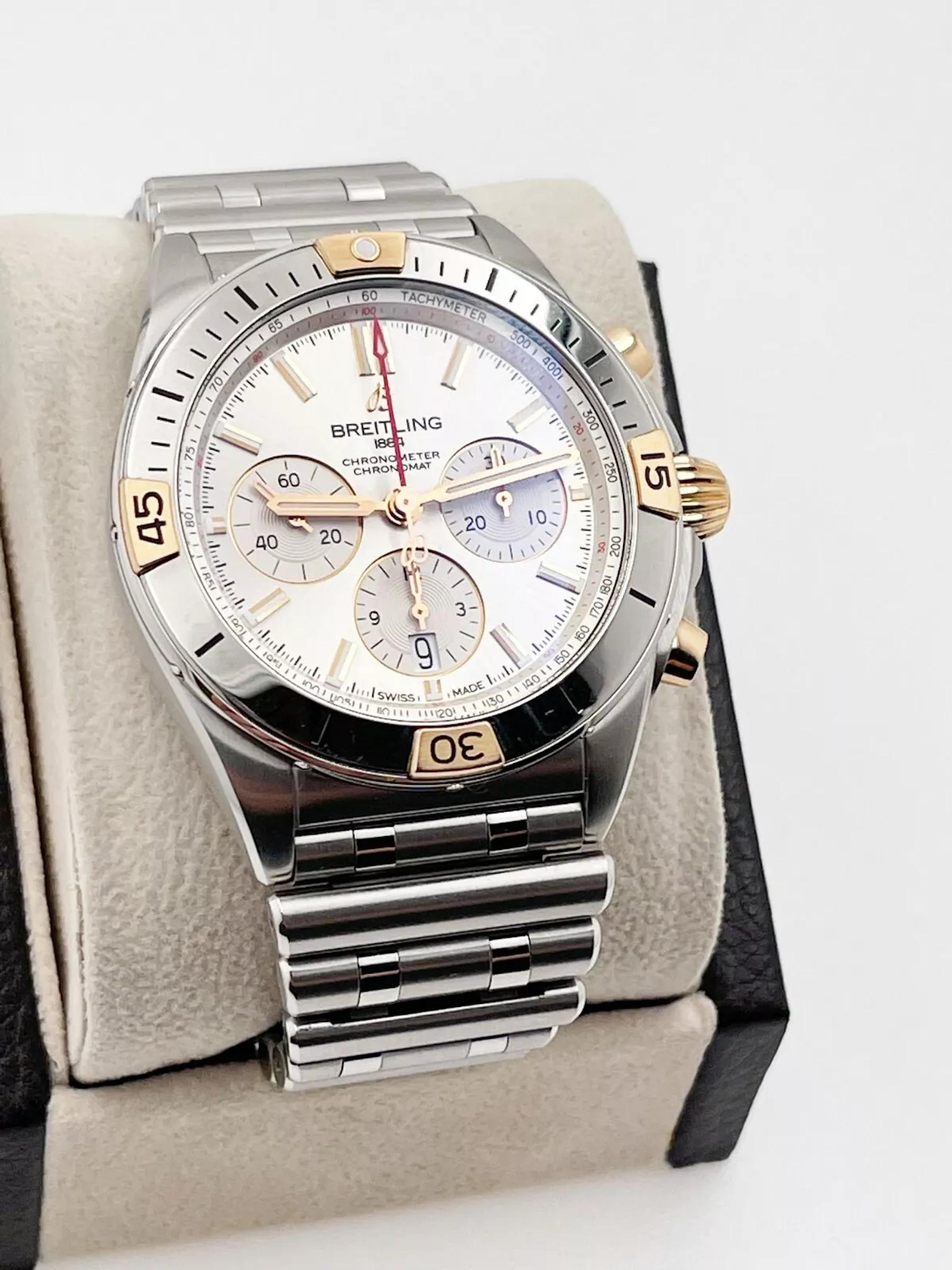 Style Number: IB0134
Model: Breitling Chronomat B01 
Year: 2021
Case Material: Stainless Steel
Band:  Stainless Steel 
Bezel:  18k Rose Gold & Stainless Steel
Dial: Silver
Face: Sapphire Crystal 
Case Size: 42mm
Includes: 
-Breitling Box &
