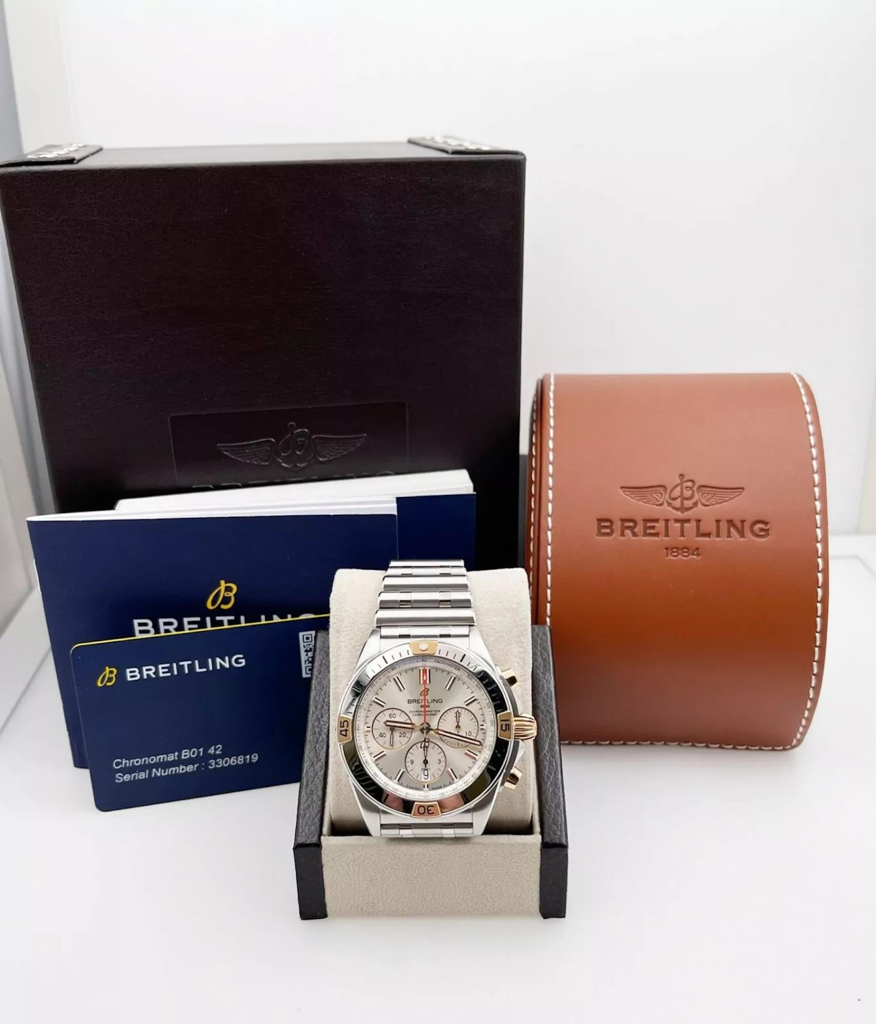 Breitling IB0134 Chronomat B01 42mm Stainless Steel 18K Rose Gold Box Paper In Excellent Condition In San Diego, CA