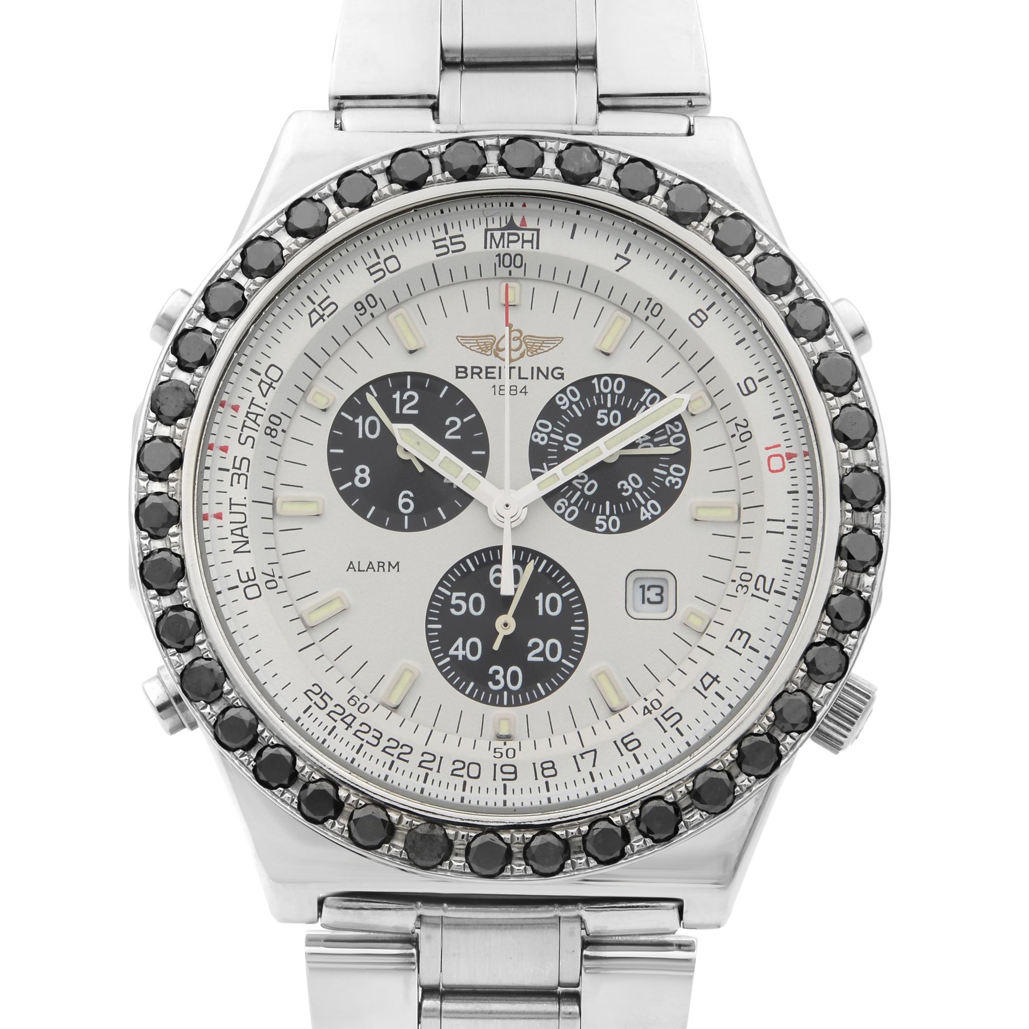 This pre-owned Breitling Jupiter Pilot A59028  is a beautiful men's timepiece that is powered by quartz (battery) movement which is cased in a stainless steel case. It has a round shape face, chronograph, date indicator, small seconds subdial dial