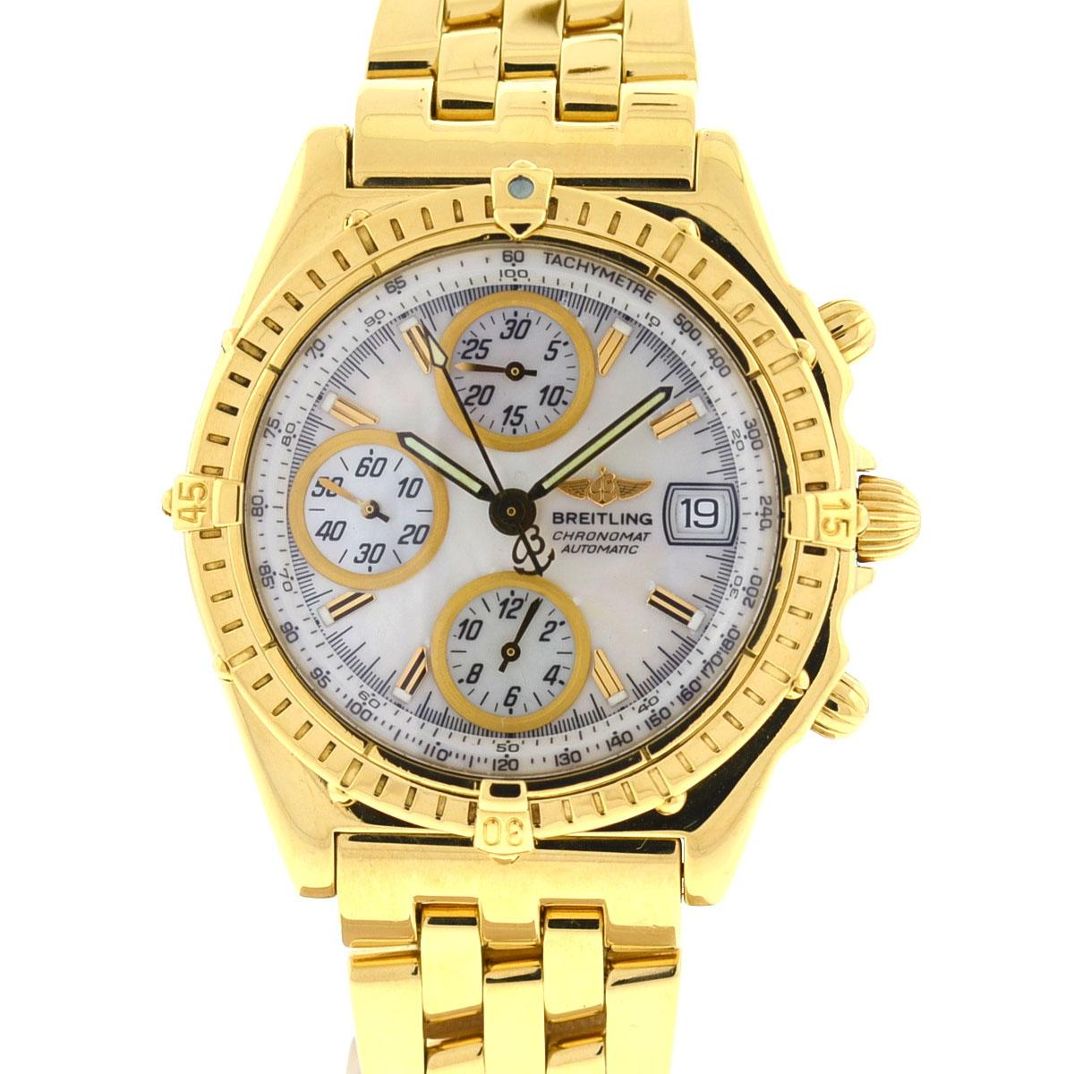 Firma - Breitling
Stil - Luxus-Sportuhr
Modell - Chronomat
Referenznummer - K13050.1
Gehäusemetall - 18K Gelbgold
Gehäusemaße - 40 mm
Armband - 18K Gelbgold
Zifferblatt - MOP
Lünette - 18K Gelbgold
Glas - Kratzfestes Saphirglas
Uhrwerk - Mechanisch: