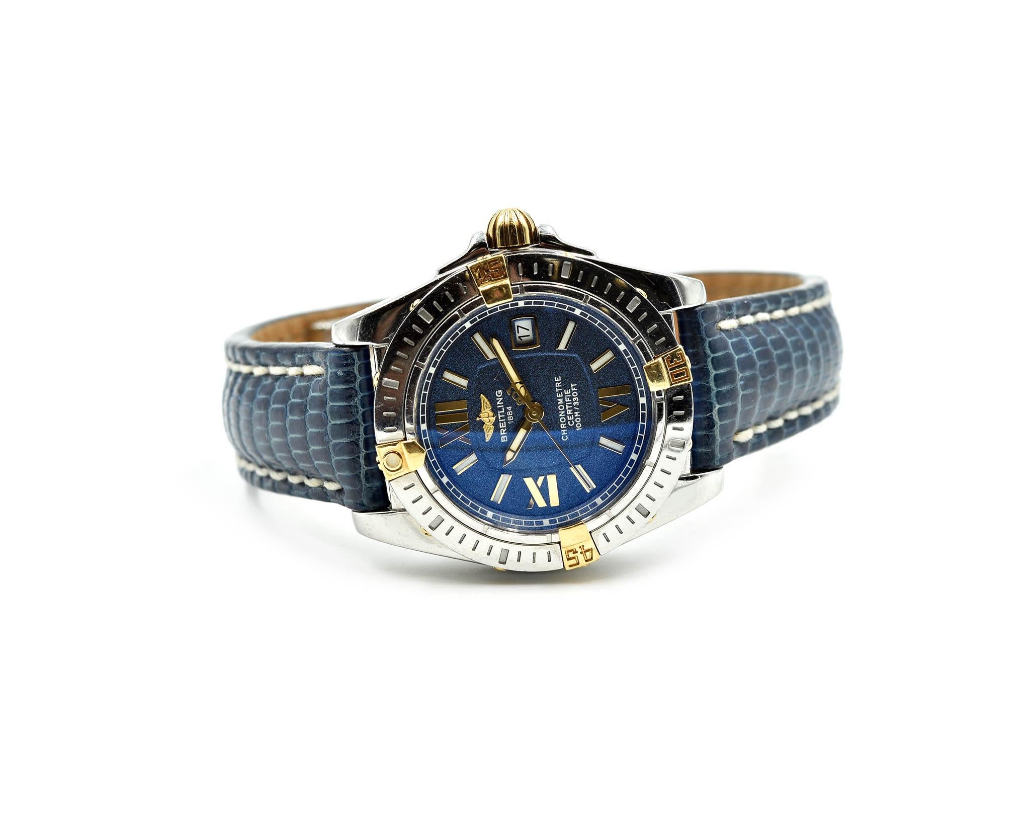Movement: quartz
Function: hours, minutes, seconds, date
Case: round 31.8mm stainless steel case with 18k yellow gold accented dive bezel, sapphire protective crystal, 18k yellow gold pull/push crown, water resistant to 30 meters
Band: factory blue