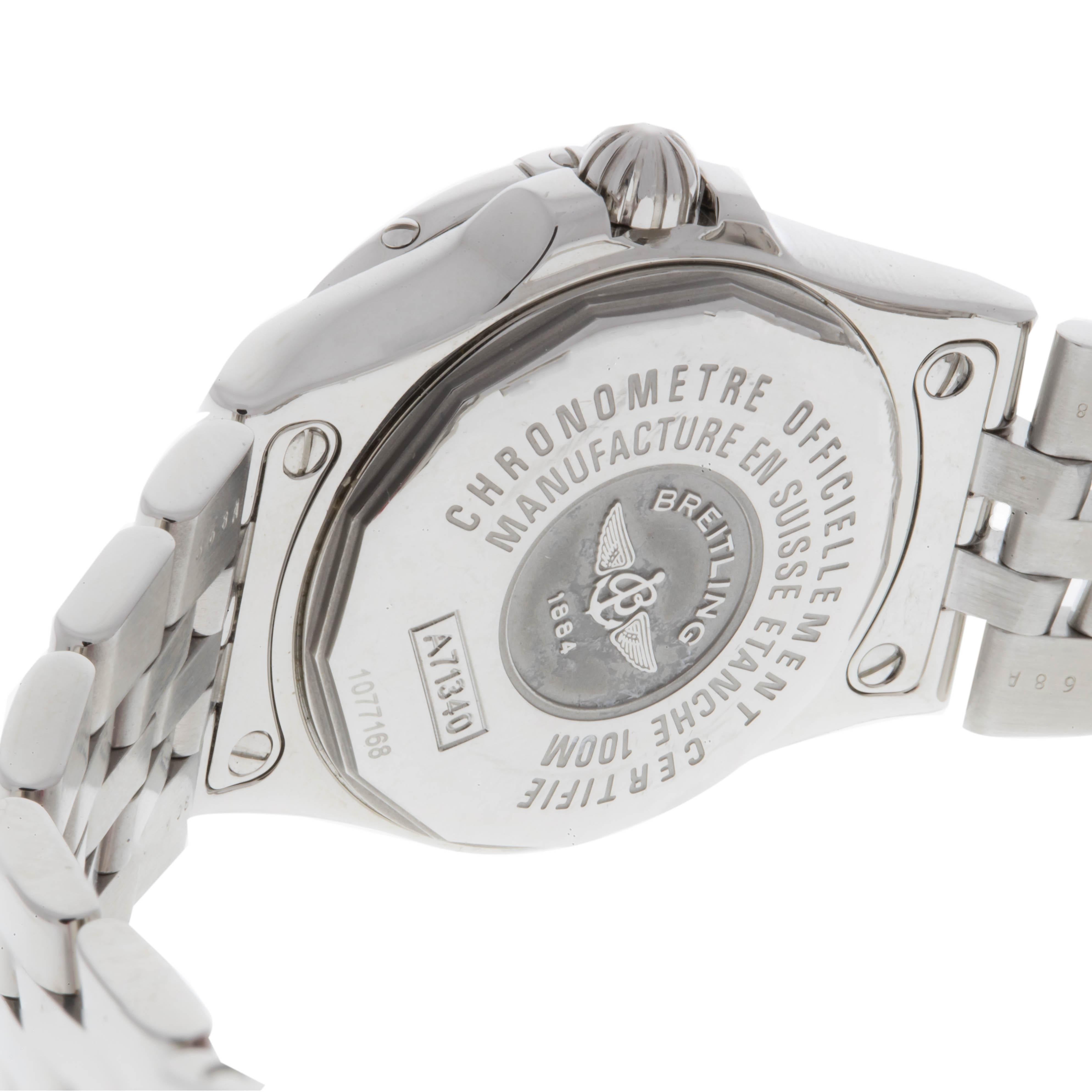 Stainless Steel lady's Breitling Starliner with a Mother of Pearl diamond dial and a diamond bezel. New. Original box.
Style A71330
Serial 1077168