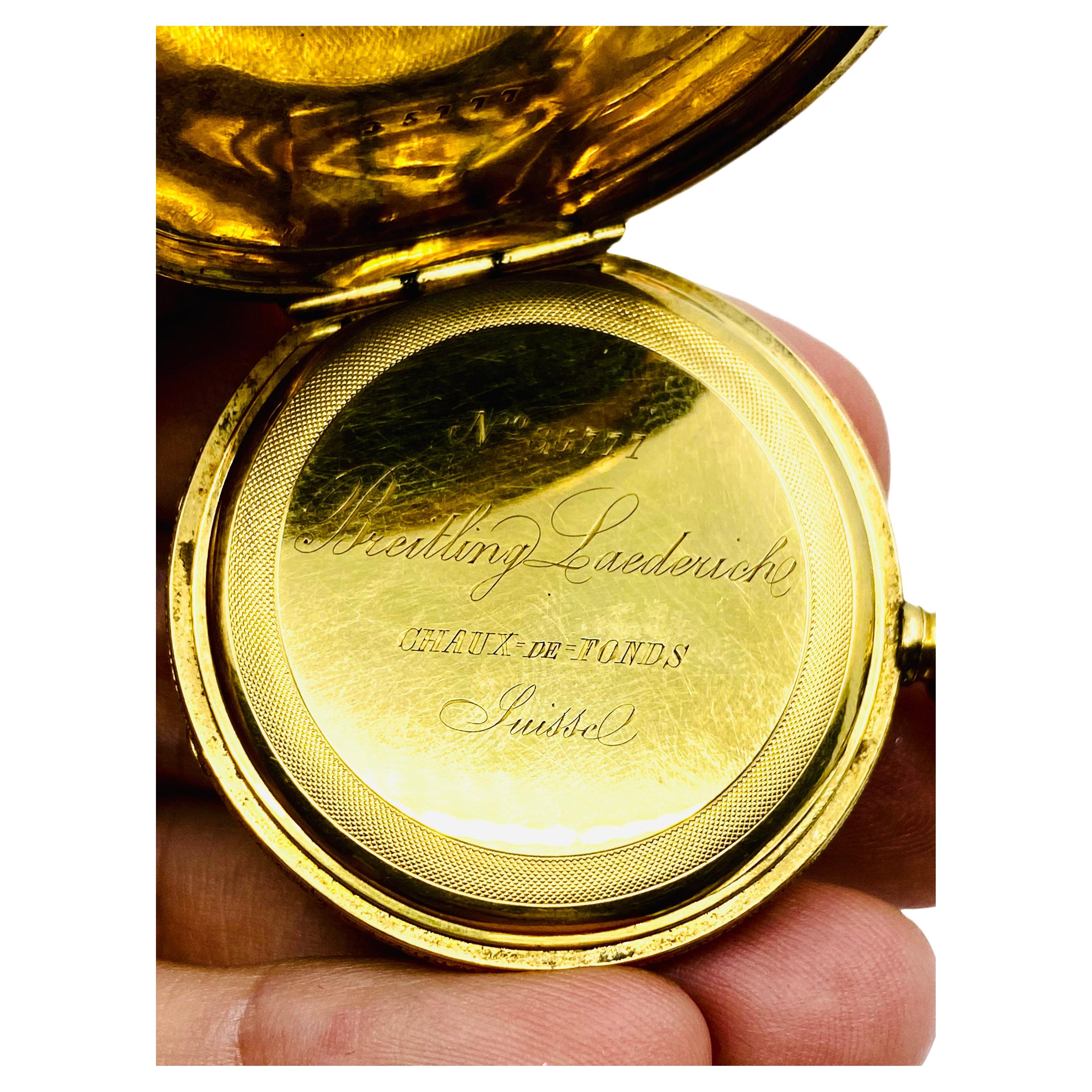 Breitling Laederich Antique Pocket Watch 18k Gold Enamel In Excellent Condition For Sale In Beverly Hills, CA