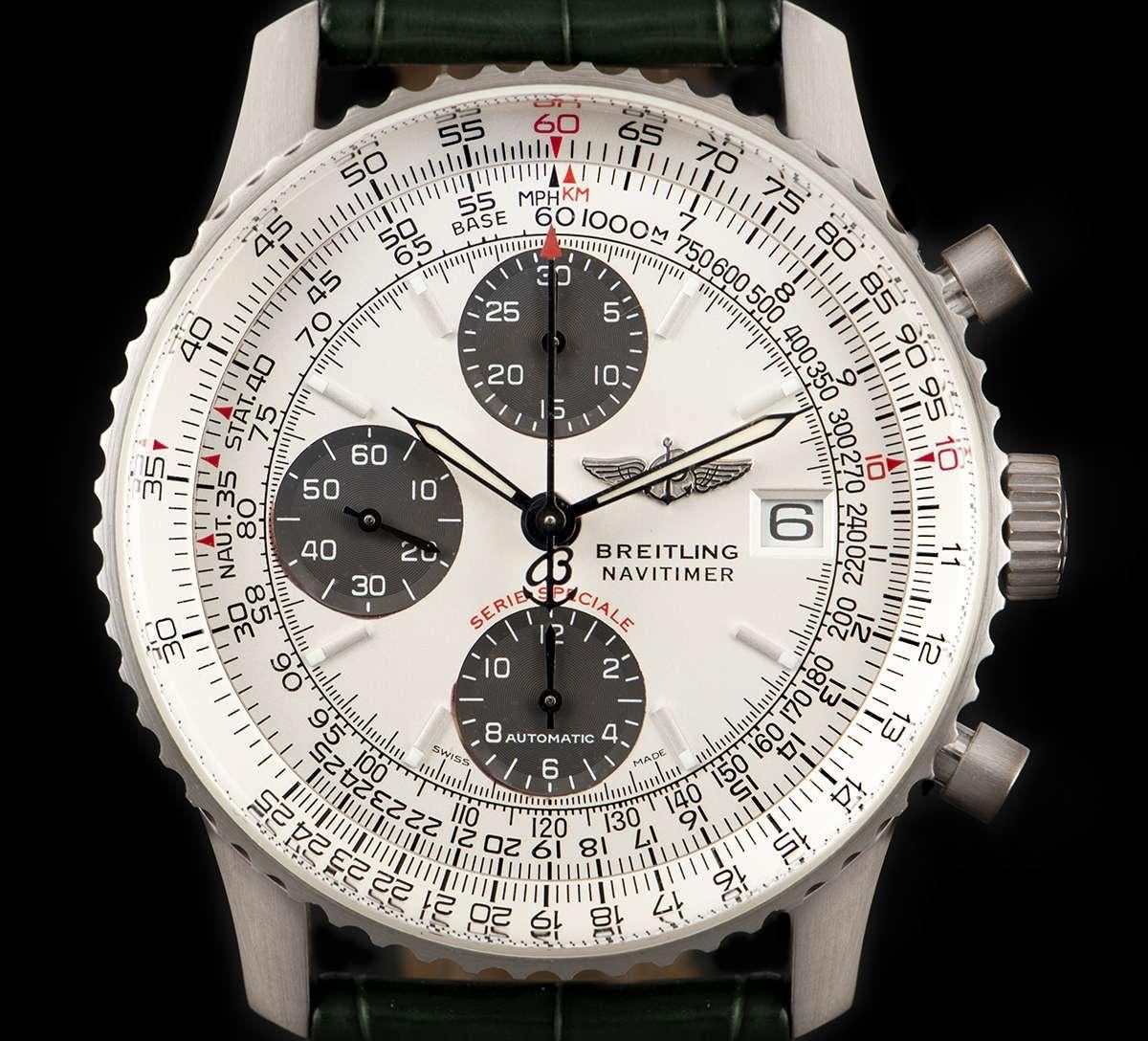 A Limited Edition Platinum Navitimer Gents 42mm Wristwatch, white dial with applied hour markers, date at 3 0'clock, 12 hour recorder at 6 0'clock, small seconds at 9 0'clock, 30 minute recorder at 12 0'clock, tachymeter scale on the outer edge of