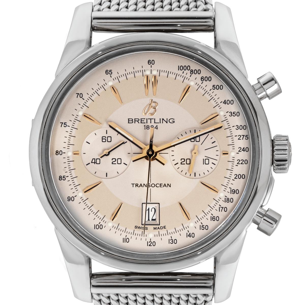A limited edition stainless steel Transocean Chronograph men's wristwatch, by Breitling.

The silver dial has applied hour markers, a 30-minute recorder at 3 o'clock, a date indiator at 6 o'clock, small seconds at 9 o'clock, a tachymeter scale