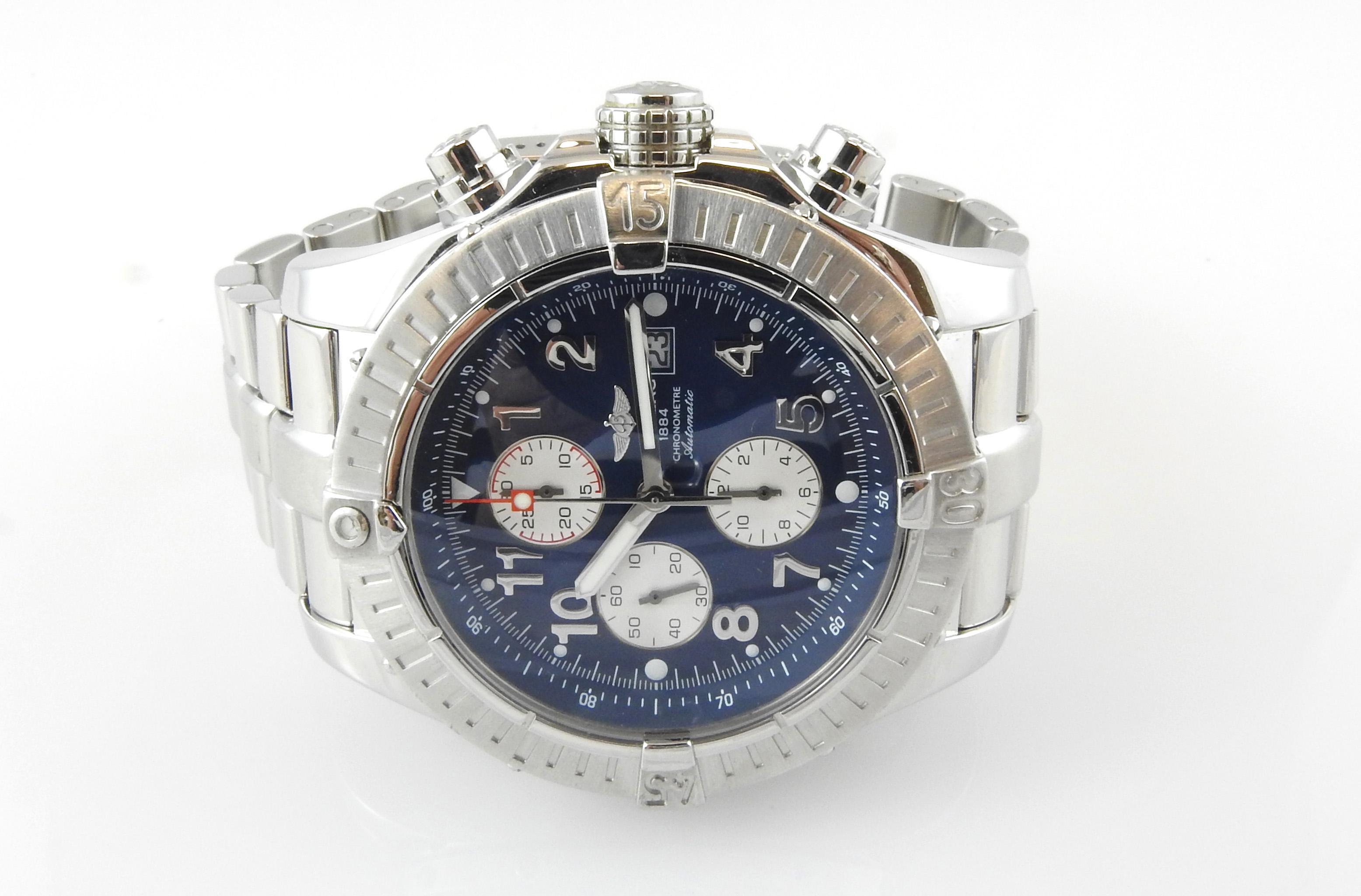 Breitling Super Avenger Men's Watch

Model: A13370
Serial: 783351

Automatic Movement

Stainless Steel Case and Stainless Steel Band

Blue Dial / Silver Arabic Numerals

Chronograph

48mm case

Band fits up to approx. 7 3/4