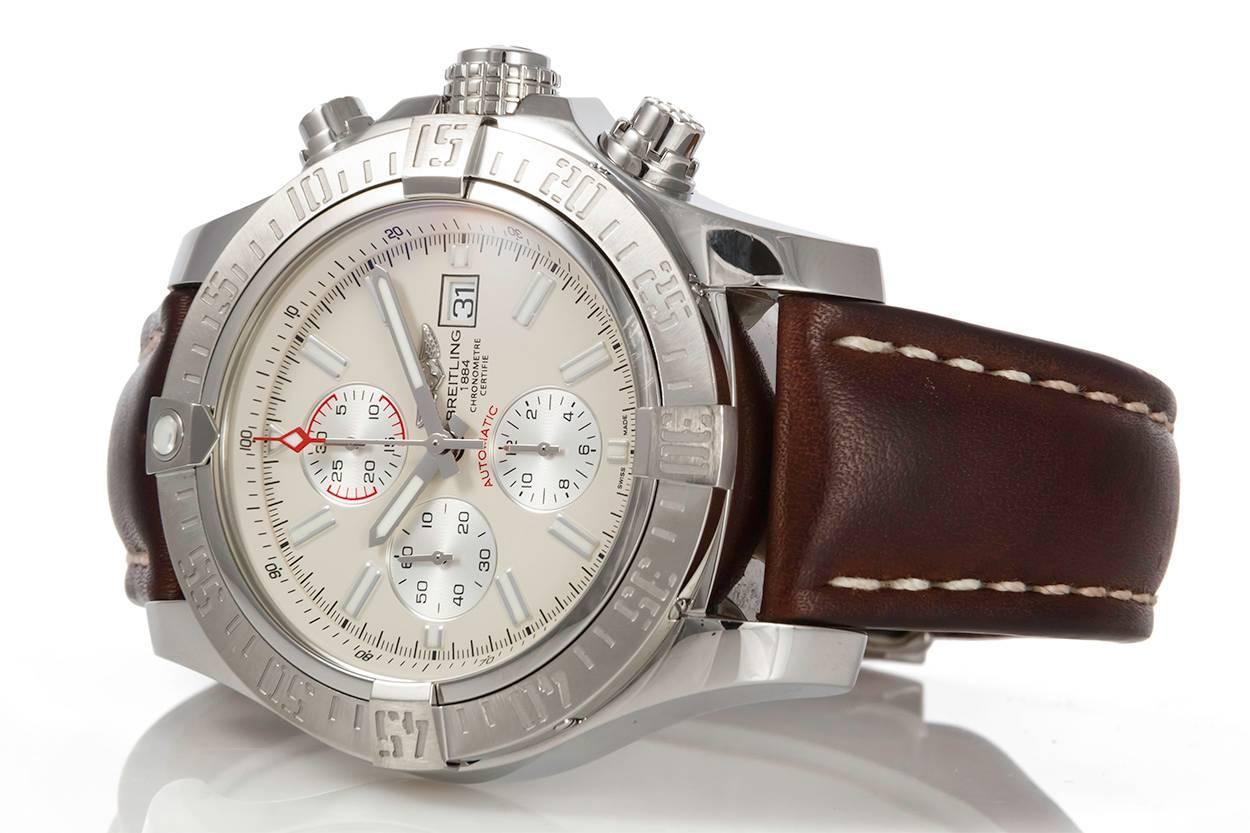 We are pleased to offer this Breitling Mens Super Avenger II Automatic Chronograph Watch A13371. This watch features a 48mm stainless steel case, brown leather strap with deployant clasp and automatic chronograph movement. It comes complete with the
