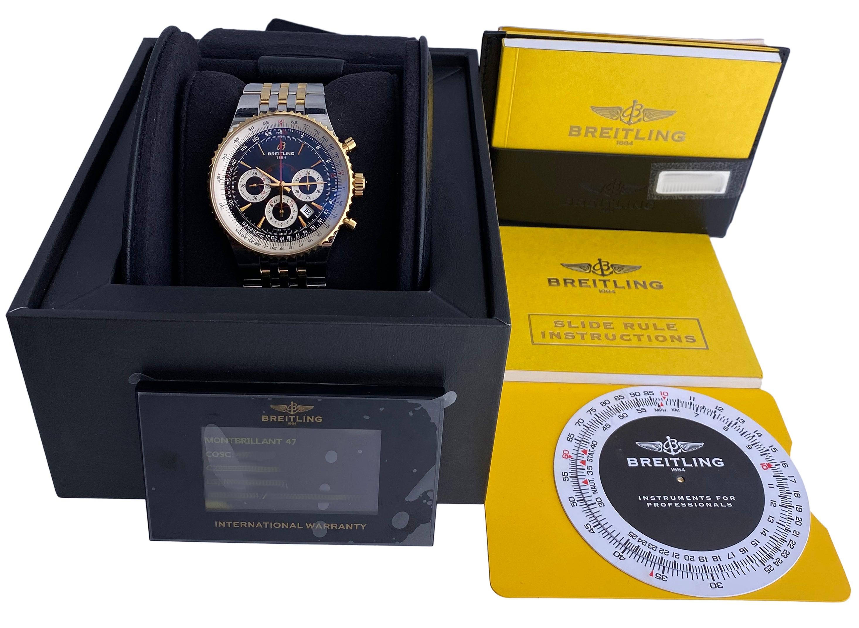 Breitling Montbrillant 47 Limited Edition Mens Watch. 47mm Stainless steel case with 18K yellow gold Bi-directional rotating bezel. Black dial with gold hands and index hour marker. Date display between 4 and 5 o'clock position. Three sub-dials.
