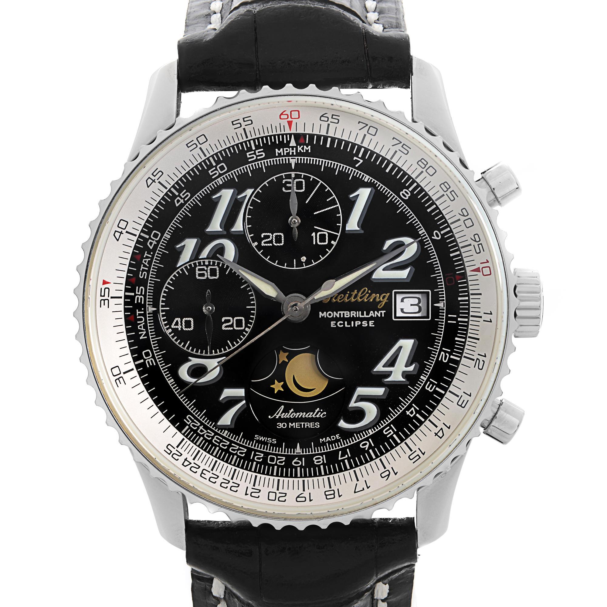 Pre-Owned Breitling Montbrillant Eclipse Steel Black Dial Automatic Men's Watch A43030. Comes with a custom non Breitling leather strap. Has some patina on dial. This Beautiful Men's Timepiece is Powered by an Mechanical (Automatic) Movement and