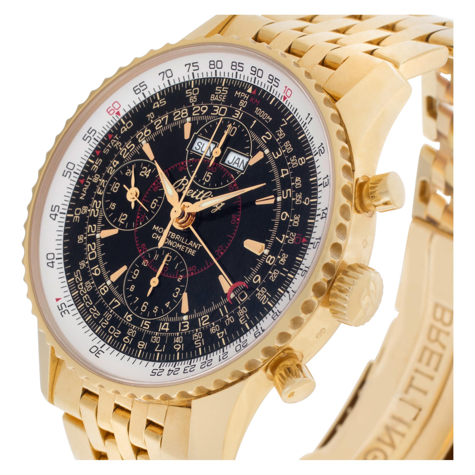 Limited Edition Breitling Navitimer Datora Montbrillant in 18k yellow gold with black, white, gold and red dial. Auto w/ subseconds, date, day, month and chronograph. 43 mm case size. With box and papers. Ref k2133012. Limited to 100 pieces. Also