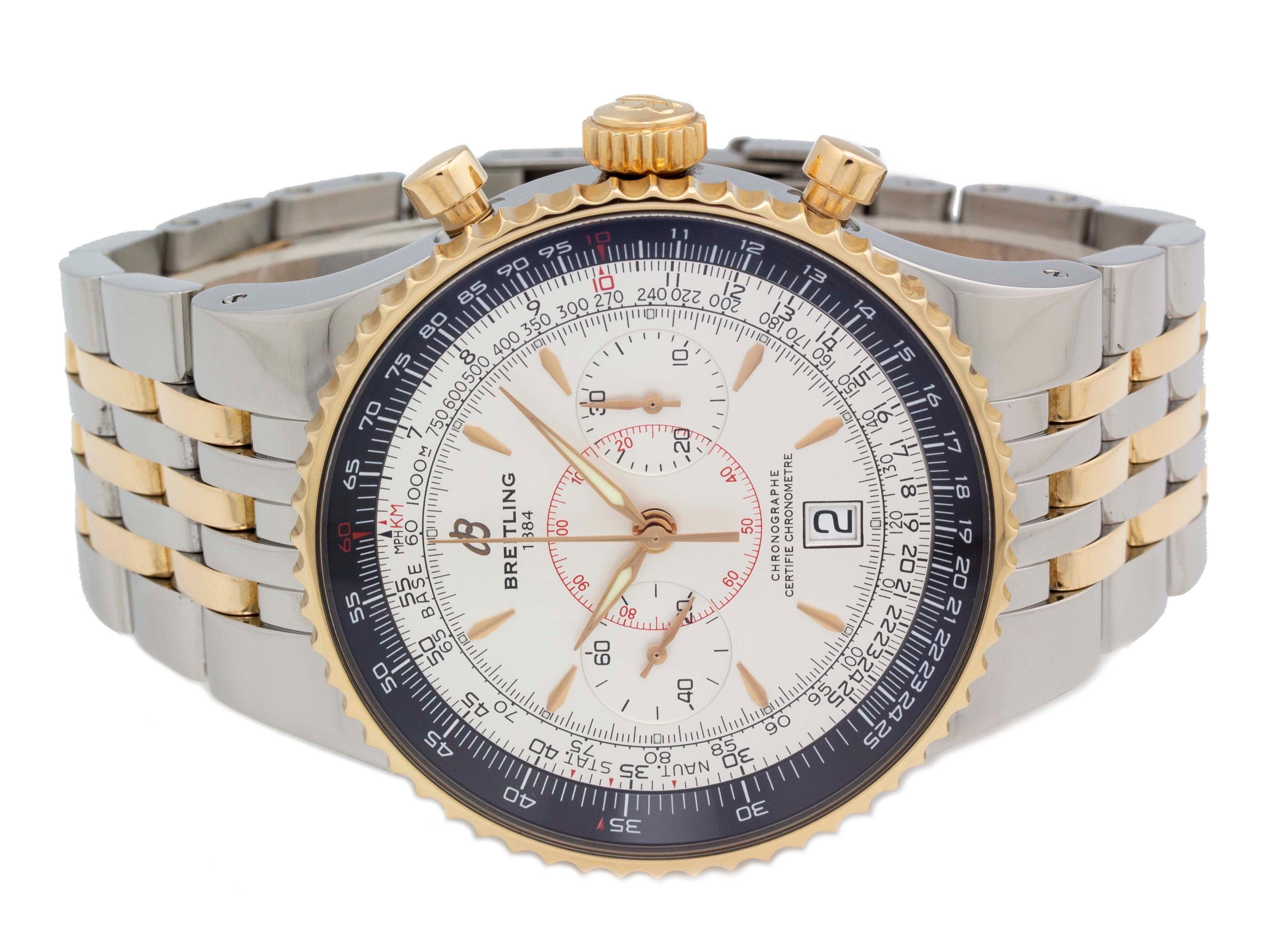 Brand	Breitling
Series	Montbrillant Legende
Model	C2334024/G637
Gender	Men's
Condition	Excellent Display Model
Material	Stainless Steel
Finish	Polished
Caseback	Solid
Diameter	47mm
Thickness	15mm
Bezel	18k Yellow Gold
Crystal	Sapphire Scratch