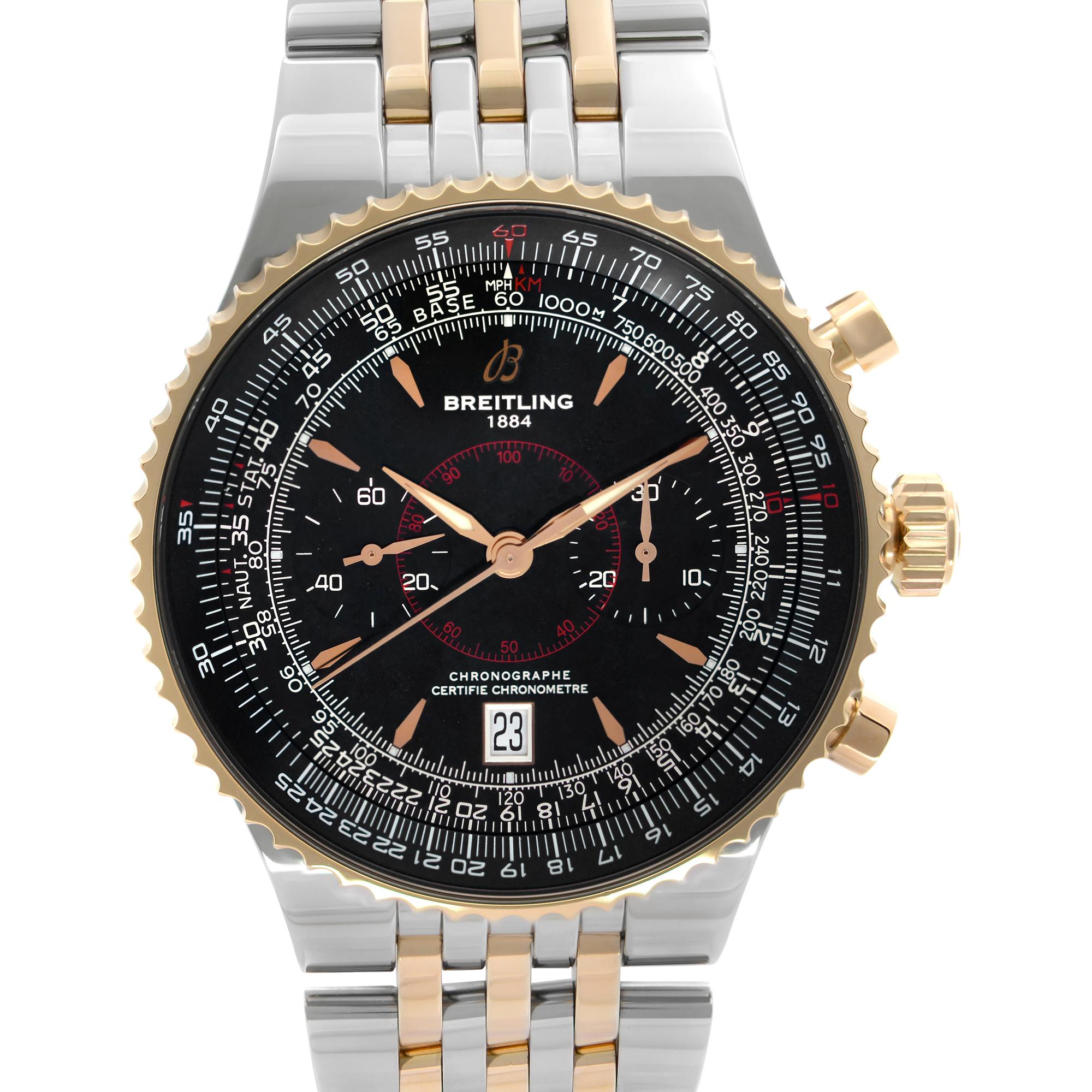 Pre Owned Breitling Montbrillant Legende Rose Gold Steel Black Dial Automatic Watch C23340. 18k rose gold Bezel. Two-tone Gold plated Steel Band.  This Beautiful Timepiece is Powered by Mechanical (Automatic) Movement And Features: Round Stainless