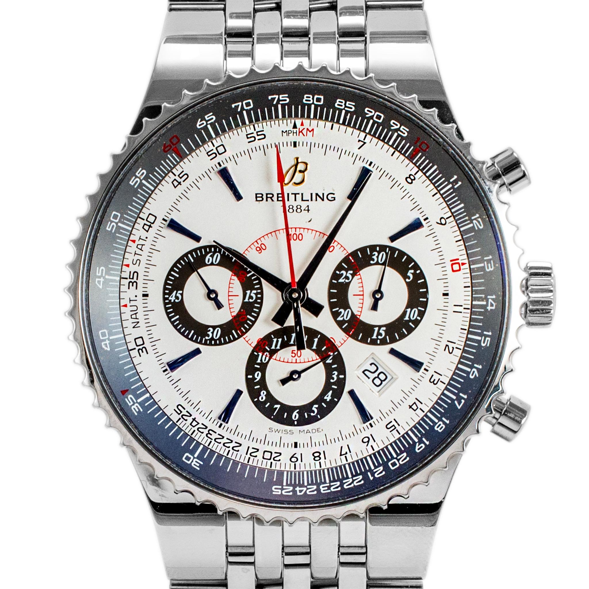 Marchio: Breitling

Genere: Uomini

Tipo di metallo: Acciaio inossidabile

Diametro: 47,00 mm 

Peso: 211,59 grammi

Un orologio da polso Breitling da uomo in acciaio inossidabile di fabbricazione svizzera con scatola e documenti originali.