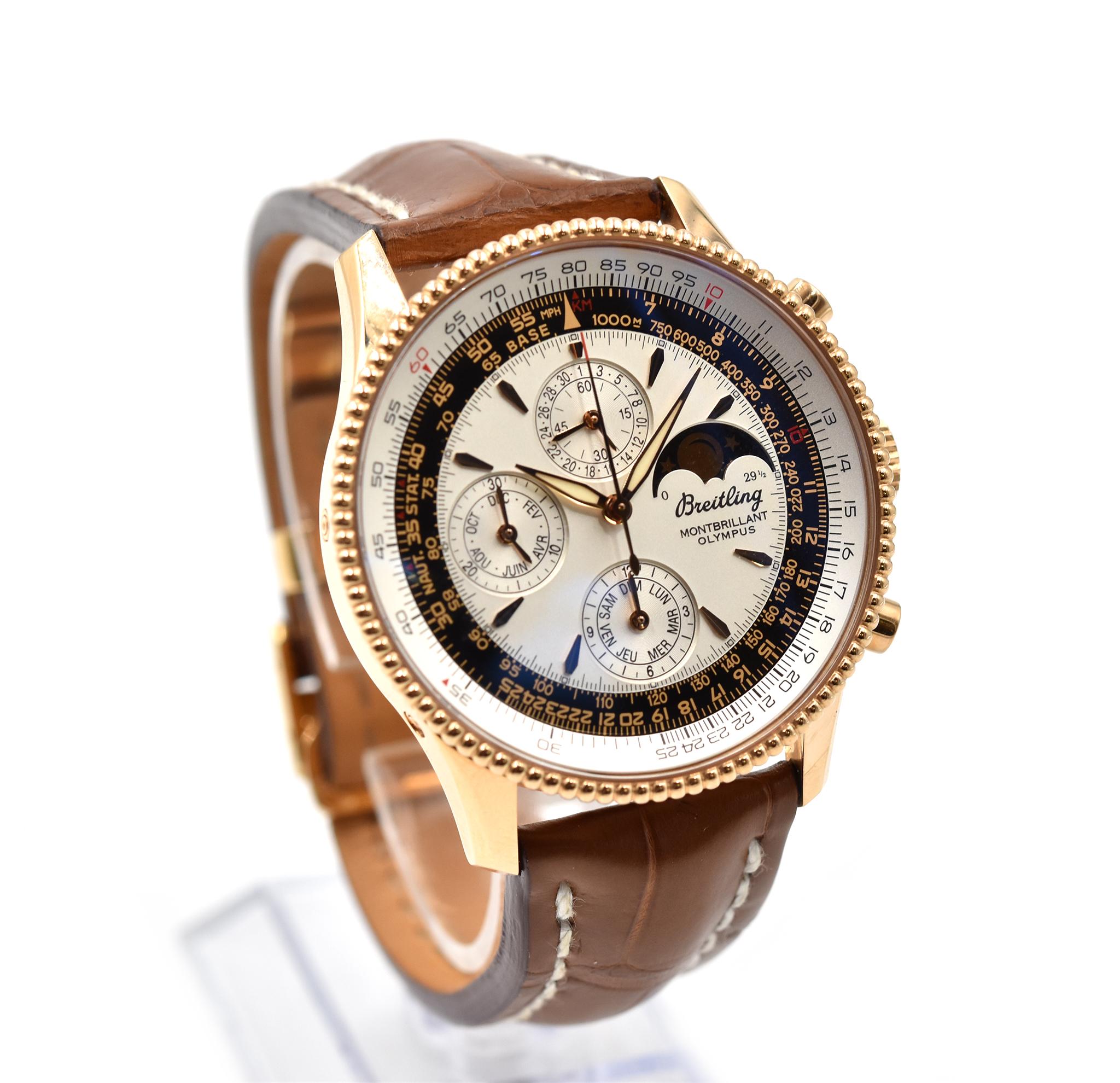 Uhrwerk: Automatik
Funktionen: Stunden:: Minuten:: Chronograph:: Mondphase:: Jahreskalender
Gehäuse: rundes 42-mm-Edelstahlgehäuse mit Stahl & bidirektional drehbare:: geriffelte Lünette aus 18 Karat Roségold:: Saphirglas:: Krone und Drücker aus 18