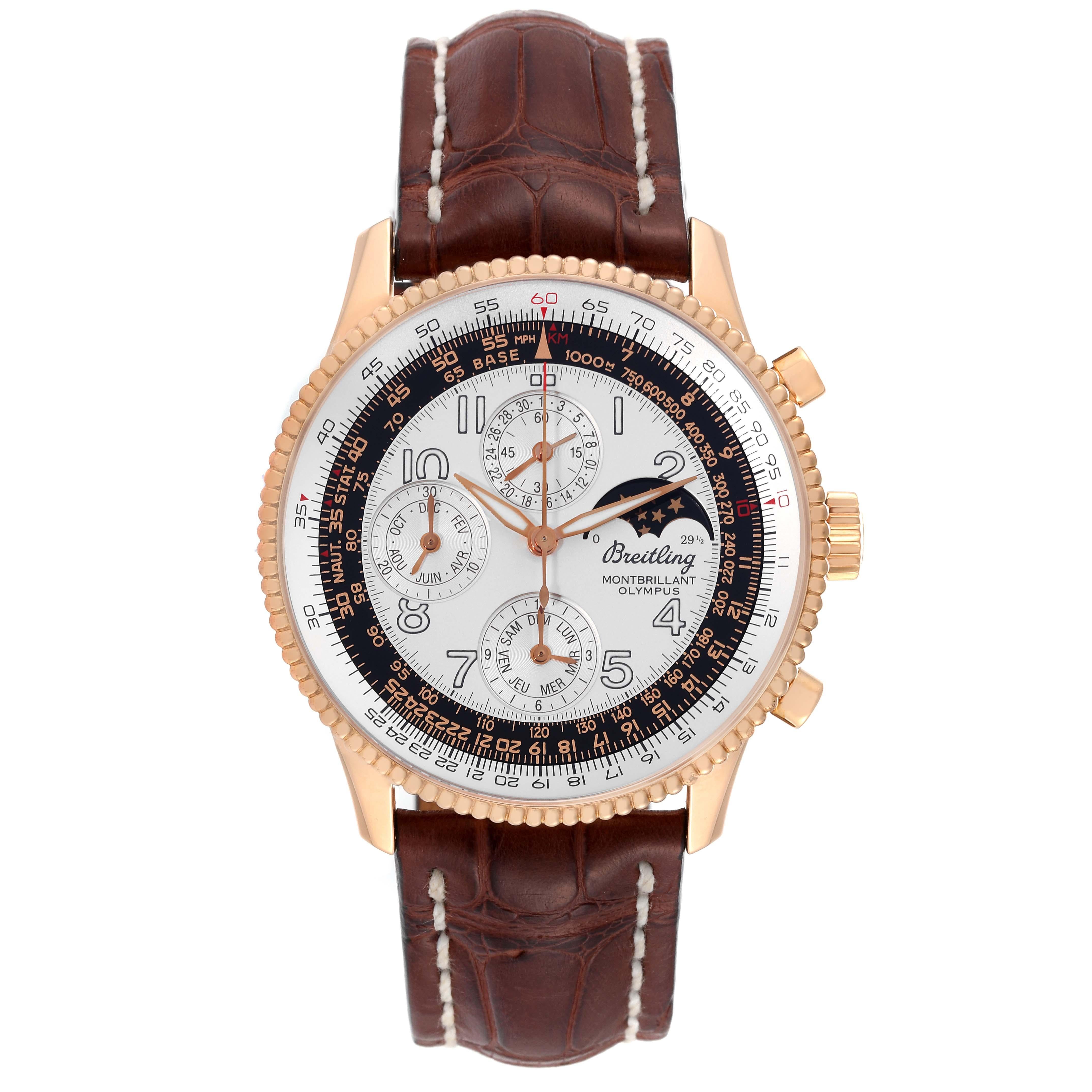 Breitling Montbrillant Olympus Rose Gold Mens Watch H19350 Box Papers. Self-winding automatic officially certified chronometer movement. Chronograph function and moonphase function. 18K rose gold case 42.1 mm in diameter.  Case back engraved with an