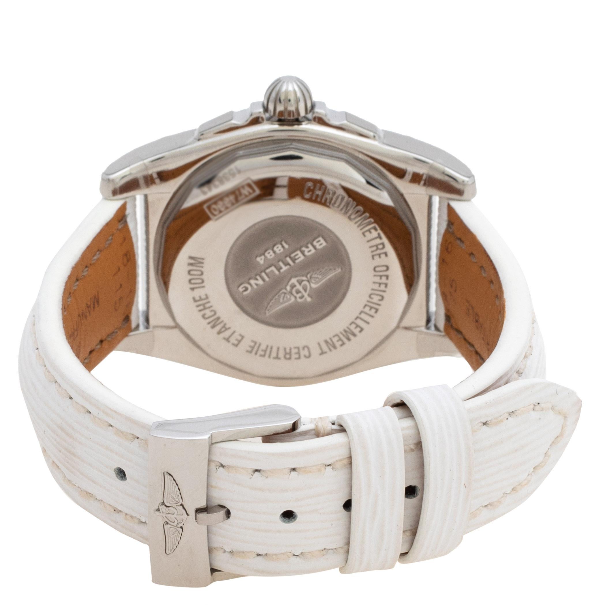 You will love owning this wristwatch from the house of Breitling. The timepiece has a 36 MM stainless steel case, a smooth bezel, and a Mother of Pearl dial set with elegant markers and a date window. A white leather strap enhances the overall look.