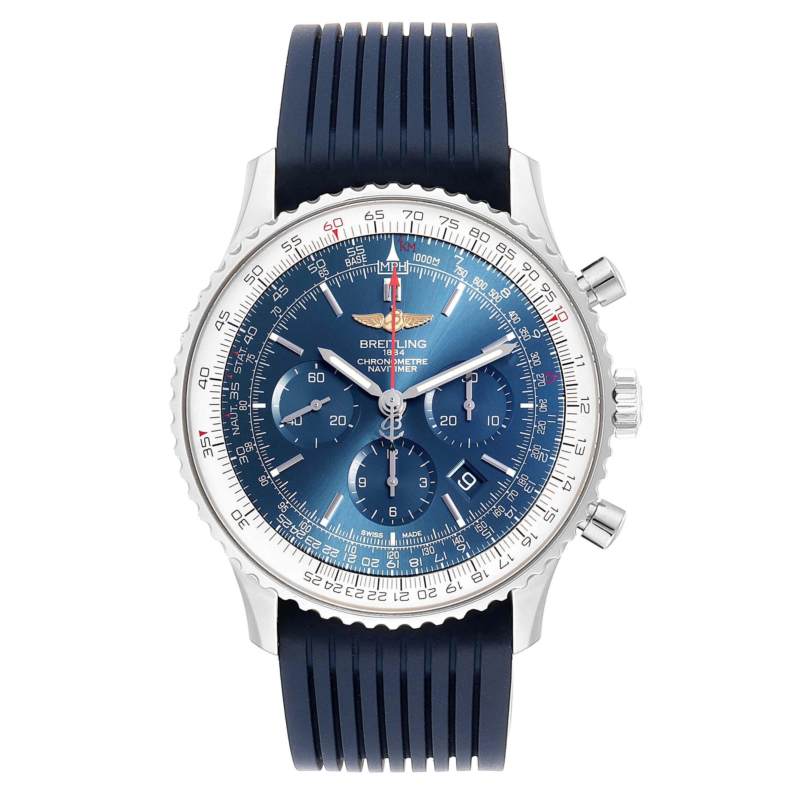 Breitling Navitimer 01 46 Blue Dial Exclusive Edition Watch AB0127 Box Card. Self-winding automatic officially certified chronometer movement. Chronograph function. Stainless steel case 46.0 mm in diameter. Case thickness 14.50 mm. Transparrent
