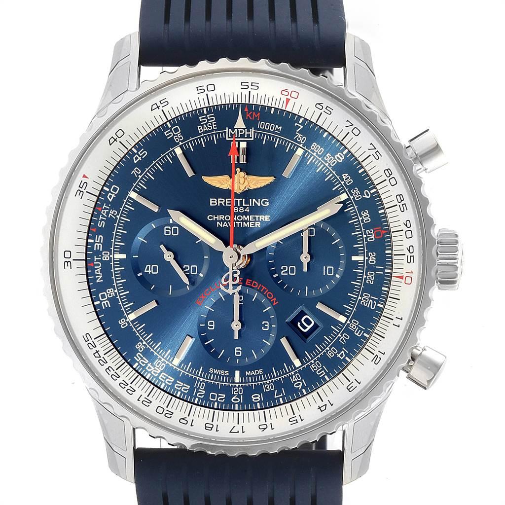 Breitling Navitimer 01 46 Blue Dial Exclusive Edition Watch AB0127 Unworn. Self-winding automatic officially certified chronometer movement. Chronograph function. Stainless steel case 46.0 mm in diameter. Case thickness 14.50 mm. Transparrent