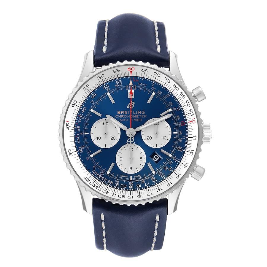 Breitling Navitimer 01 46mm Aurora Blue Dial Mens Watch AB0127 Box Card. Self-winding automatic officially certified chronometer movement. Chronograph function. Stainless steel case 46.0 mm in diameter. Case thickness 14.50 mm. Transparrent