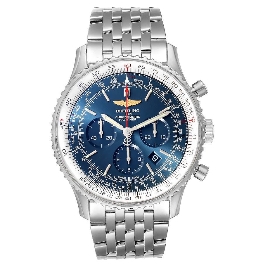 Breitling Navitimer 01 46mm Aurora Blue Dial Mens Watch AB0127 Box Papers. Self-winding automatic officially certified chronometer movement. Chronograph function. Stainless steel case 46.0 mm in diameter. Case thickness 14.50 mm. Transparrent