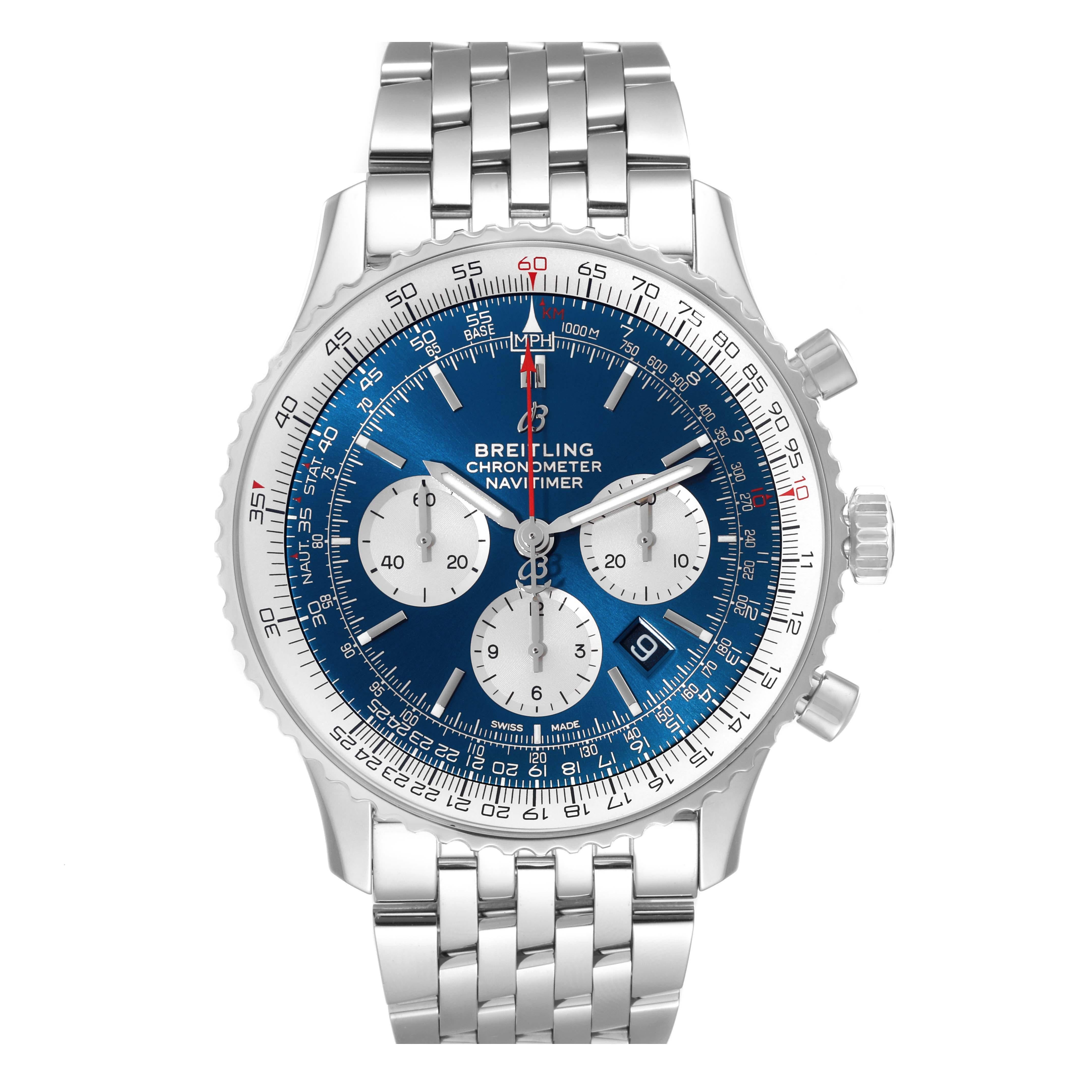 Breitling Navitimer 01 46mm Aurora Blue Dial Steel Mens Watch AB0127 Box Card. Self-winding automatic officially certified chronometer movement. Chronograph function. Stainless steel case 46.0 mm in diameter. Case thickness 14.50 mm. Transparent