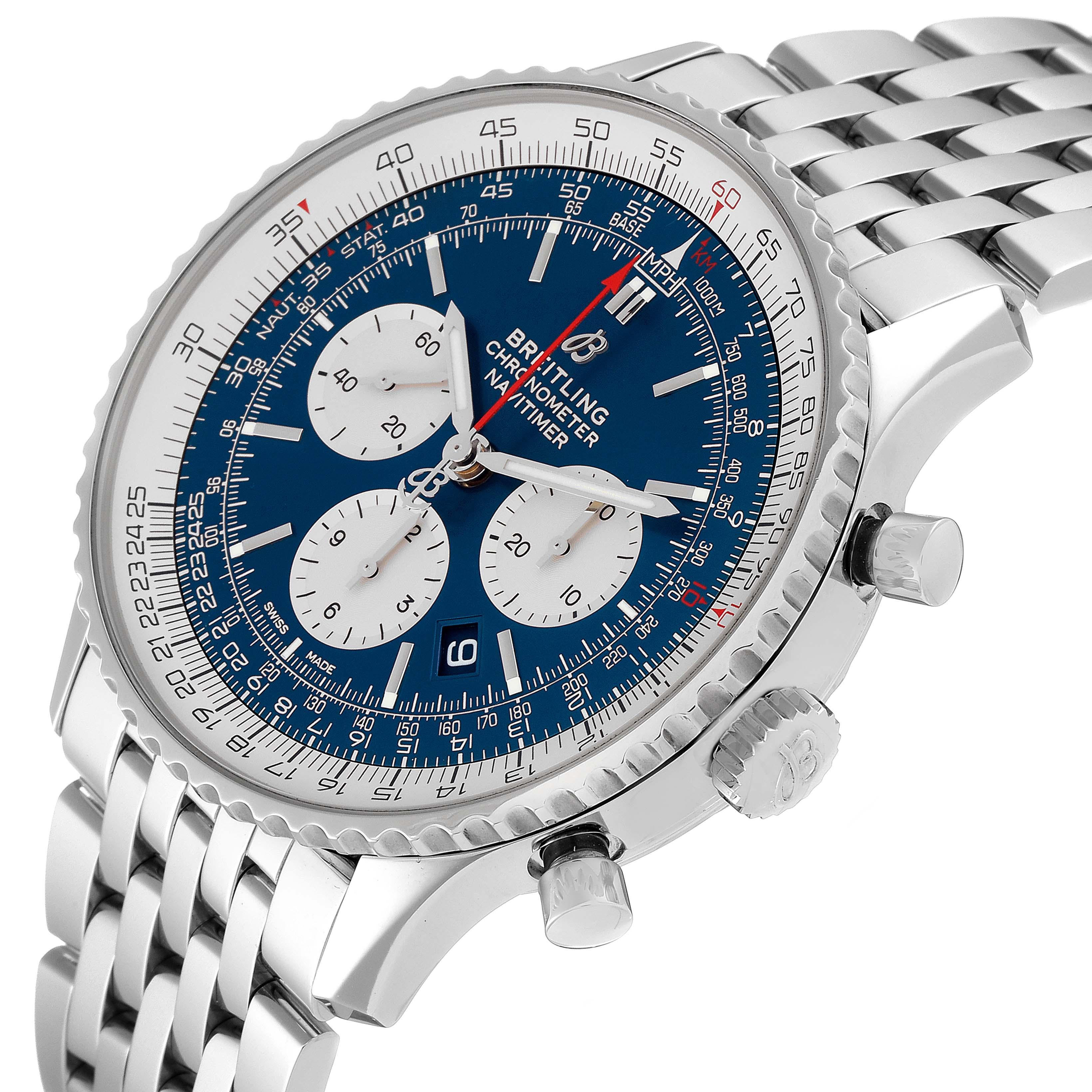 Breitling Navitimer 01 46mm Aurora Blue Dial Steel Mens Watch AB0127 Box Card In Excellent Condition In Atlanta, GA
