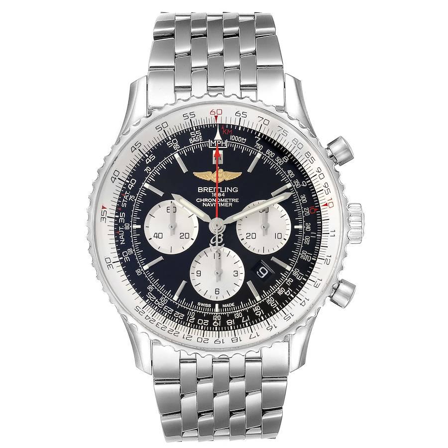 Breitling Navitimer 01 46mm Black Dial Steel Mens Watch AB0127 Box Card. Self-winding automatic officially certified chronometer movement. Chronograph function. Stainless steel case 46.0 mm in diameter. Case thickness 14.50 mm. Transparrent