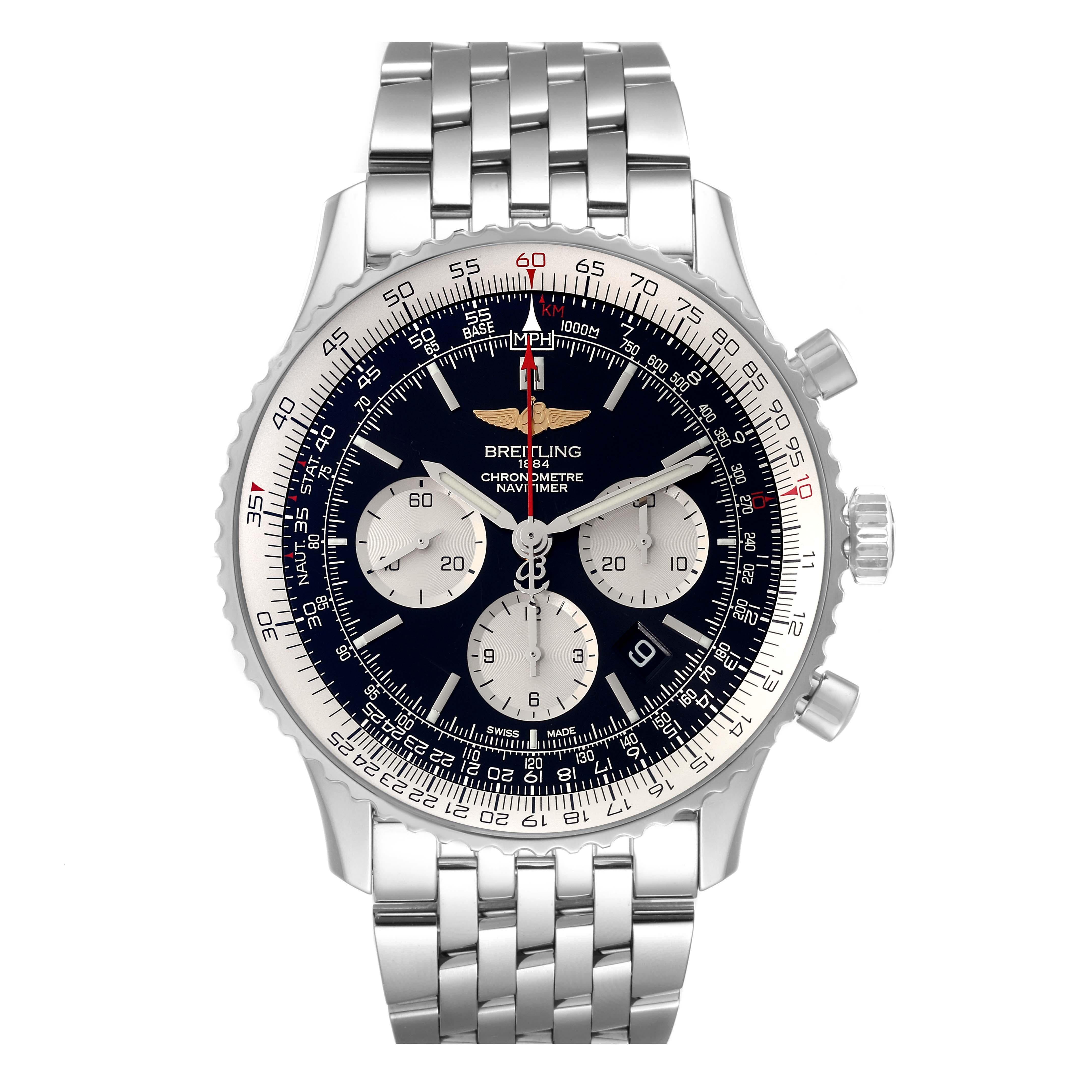 Breitling Navitimer 01 46mm Black Steel Dial Mens Watch AB0127 Box Card. Self-winding automatic officially certified chronometer movement. Chronograph function. Stainless steel case 46.0 mm in diameter. Case thickness 14.50 mm. Transparent