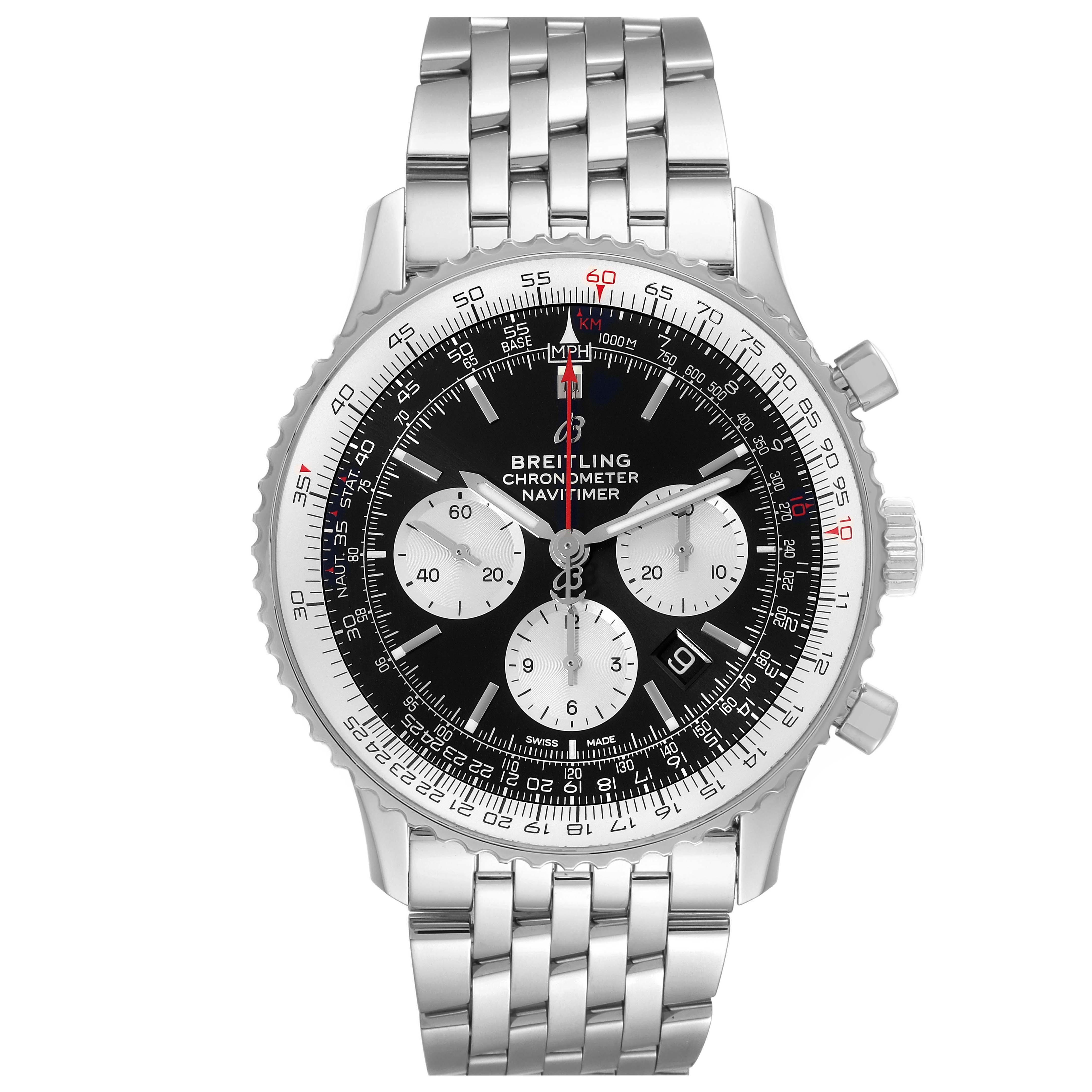 Breitling Navitimer 01 46mm Black Steel Dial Mens Watch AB0127 Box Card. Self-winding automatic officially certified chronometer movement. Chronograph function. Stainless steel case 46.0 mm in diameter. Case thickness 14.50 mm. Transparent