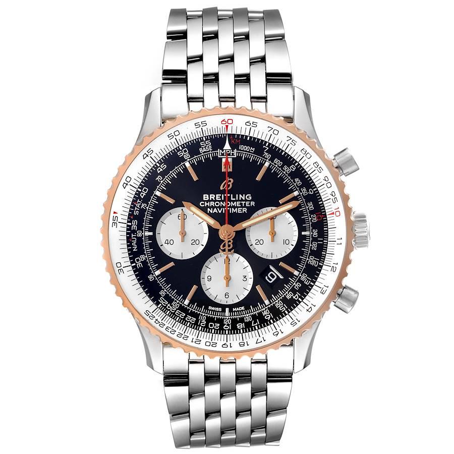 Breitling Navitimer 01 46mm Steel Rose Gold Black Dial Watch UB0127. Self-winding automatic officially certified chronometer movement. Chronograph function. Stainless steel case 46.0 mm in diameter. Case thickness 14.50 mm. Exhibition sapphire