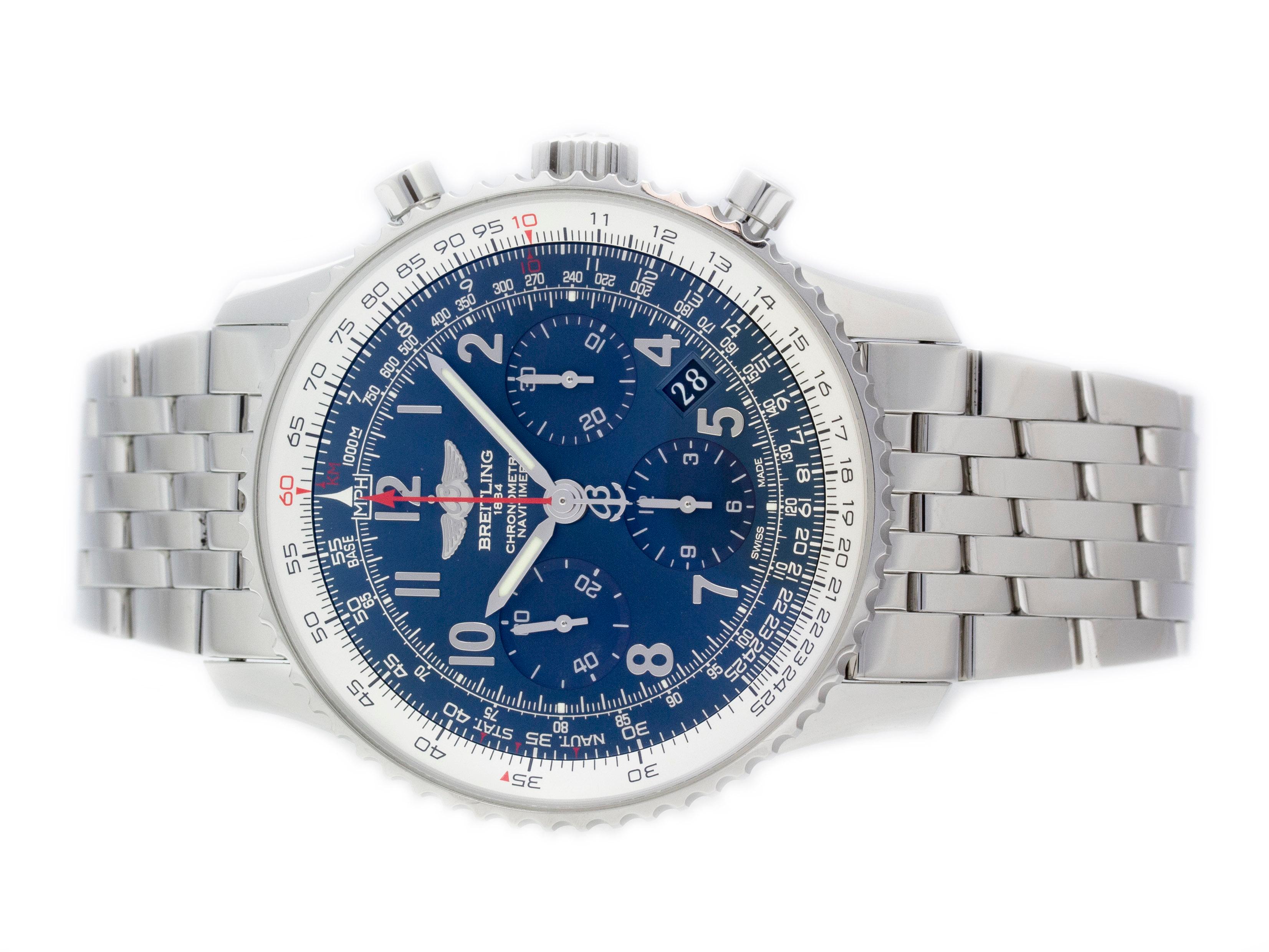 Stainless steel Breitling Navitimer 01 AB0121C4/C920-447A watch, water resistant to 30m, with date, chronograph, and bracelet. Comes with Breitling Box, COSC & Limited Edition Certificates.

BAND MATERIAL	
Stainless Steel

CASE DIAMETER	
43mm

CASE