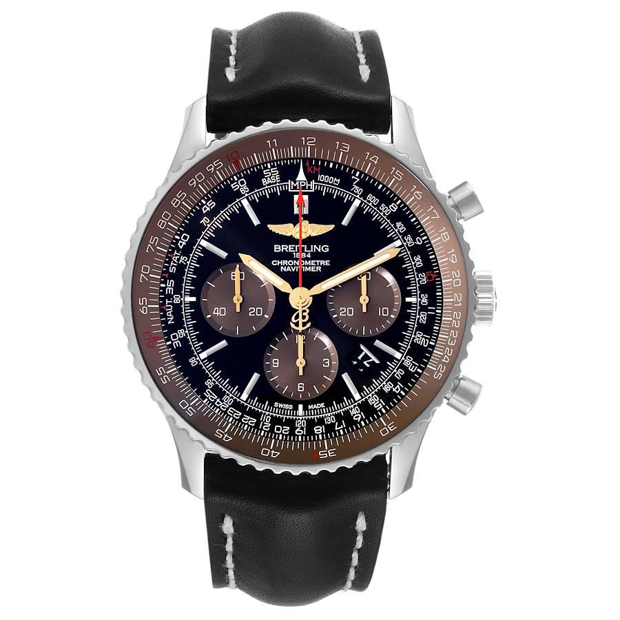 Breitling Navitimer 01 Black Brown Dial LE Mens Watch AB0127 Box Card. Self-winding automatic officially certified chronometer movement. Chronograph function. Stainless steel case 46.0 mm in diameter. Case thickness 14.50 mm. Transparrent exhibition