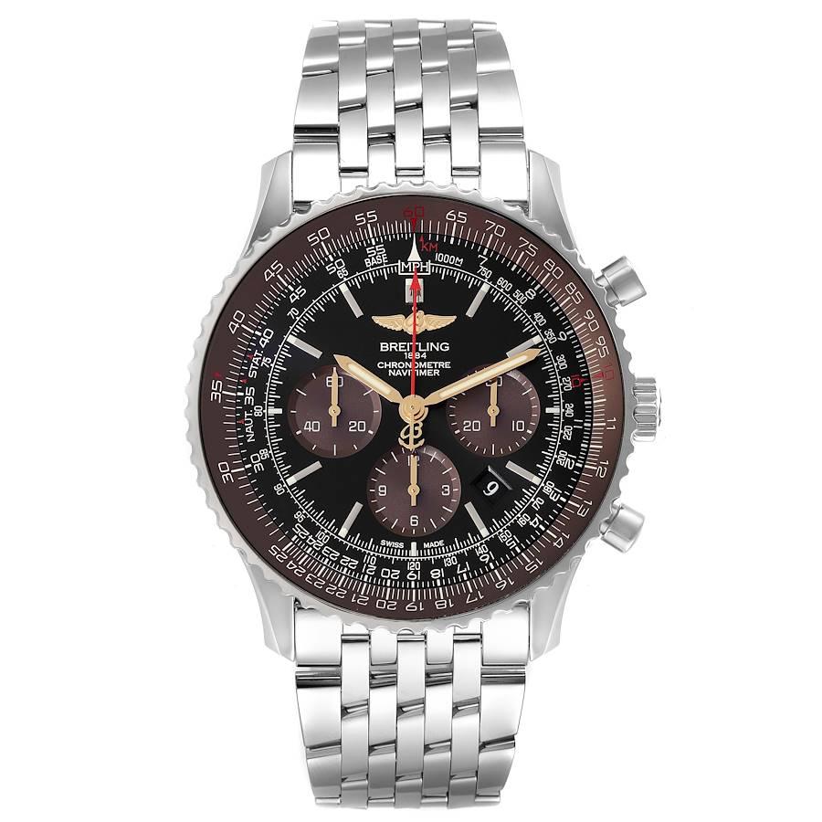 Breitling Navitimer 01 Black Brown Dial Limited Edition Mens Watch AB0127 Box Card. Self-winding automatic officially certified chronometer movement. Chronograph function. Stainless steel case 46.0 mm in diameter. Case thickness 14.50 mm.