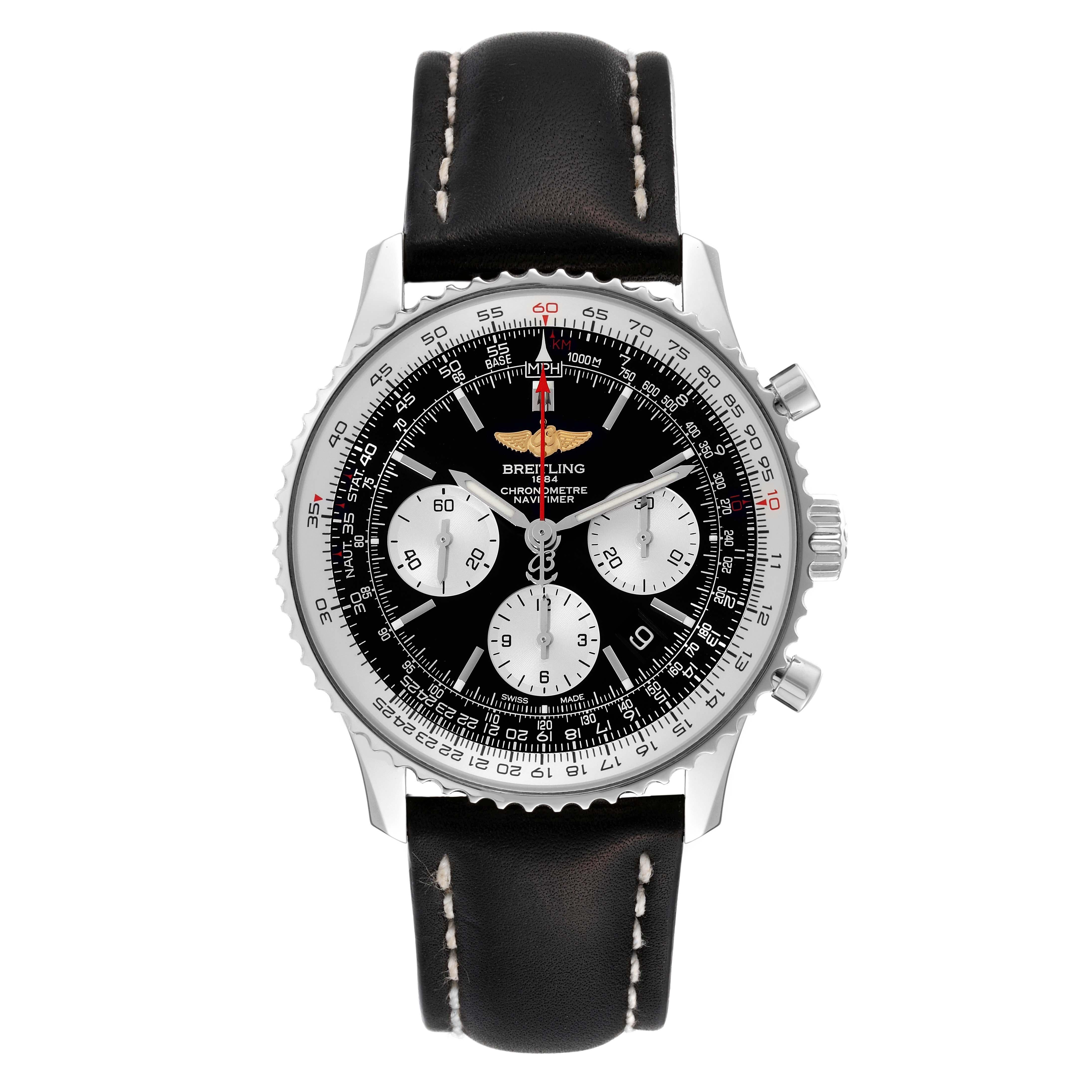 Breitling Navitimer 01 Black Dial Steel Mens Watch AB0120 Box Card. Automatic self-winding officially certified chronometer movement. Chronograph function. Stainless steel case 43.0 mm in diameter. Breitling logo on the crown. Stainless steel