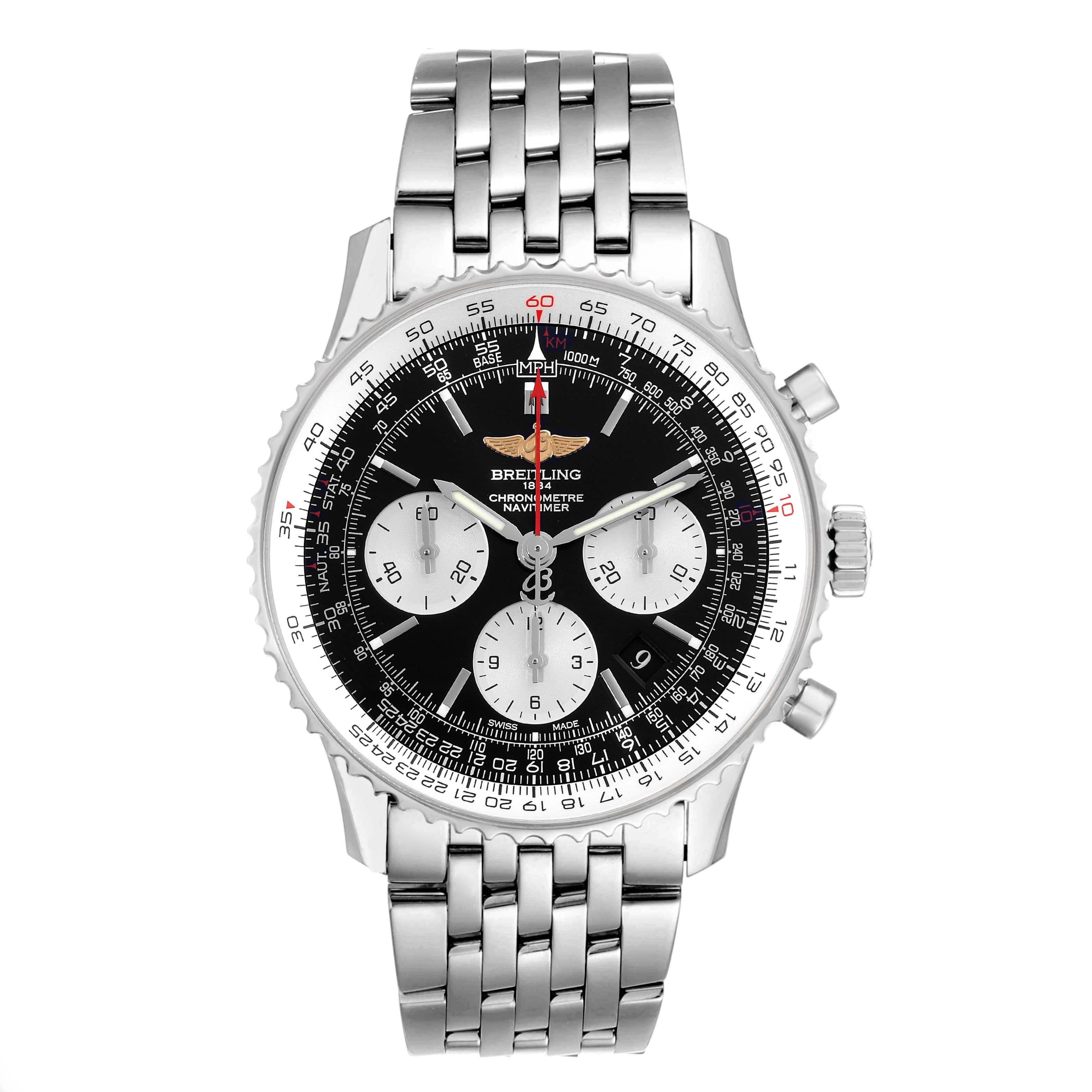 Breitling Navitimer 01 Black Dial Steel Mens Watch AB0120 Card. Automatic self-winding officially certified chronometer movement. Chronograph function. Stainless steel case 43.0 mm in diameter. Breitling logo on the crown. Stainless steel