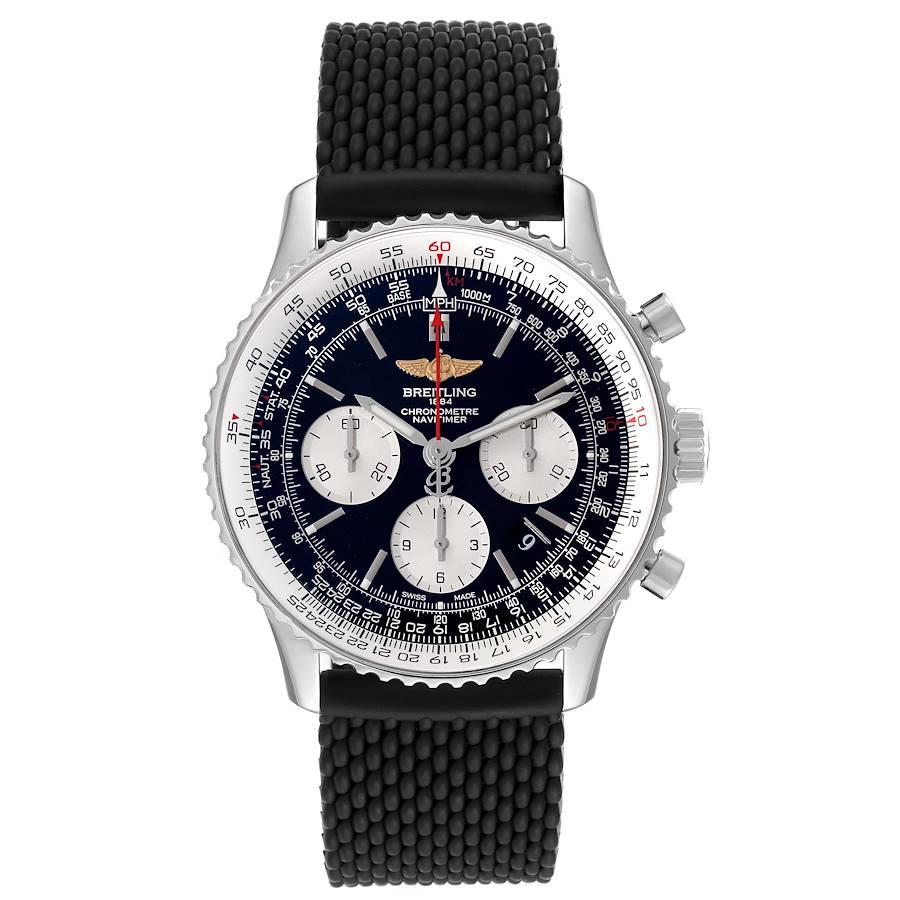 Breitling Navitimer 01 Black Dial Steel Mens Watch AB0120. Automatic self-winding officially certified chronometer movement. Chronograph function. Stainless steel case 43.0 mm in diameter. Breitling logo on the crown. Stainless steel bi-directional