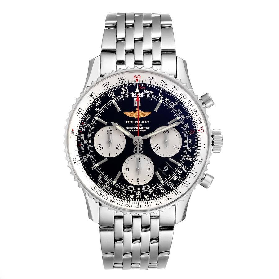 Breitling Navitimer 01 Black Dial Steel Mens Watch AB0120 Papers. Automatic self-winding officially certified chronometer movement. Chronograph function. Stainless steel case 43.0 mm in diameter. Stainless steel screwed-down crown and pushers.