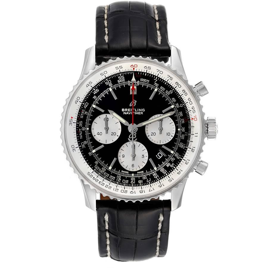 Breitling Navitimer 01 Black Dial Steel Mens Watch AB0121 Box Card. Self-winding automatic officially certified chronometer movement. Chronograph function. Stainless steel case 43 mm in diameter. Case thickness 14.25 mm. Transparrent exhibition