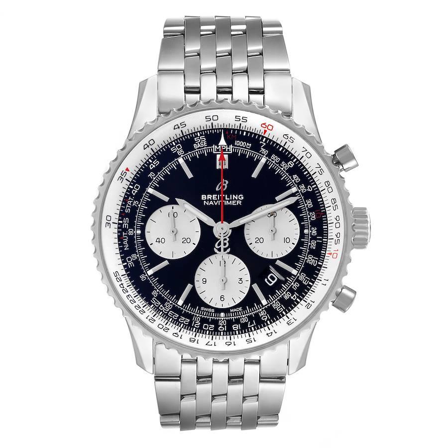 Breitling Navitimer 01 Black Dial Steel Mens Watch AB0121 Box Card. Self-winding automatic officially certified chronometer movement. Chronograph function. Stainless steel case 43 mm in diameter. Case thickness 14.25 mm. Transparent exhibition