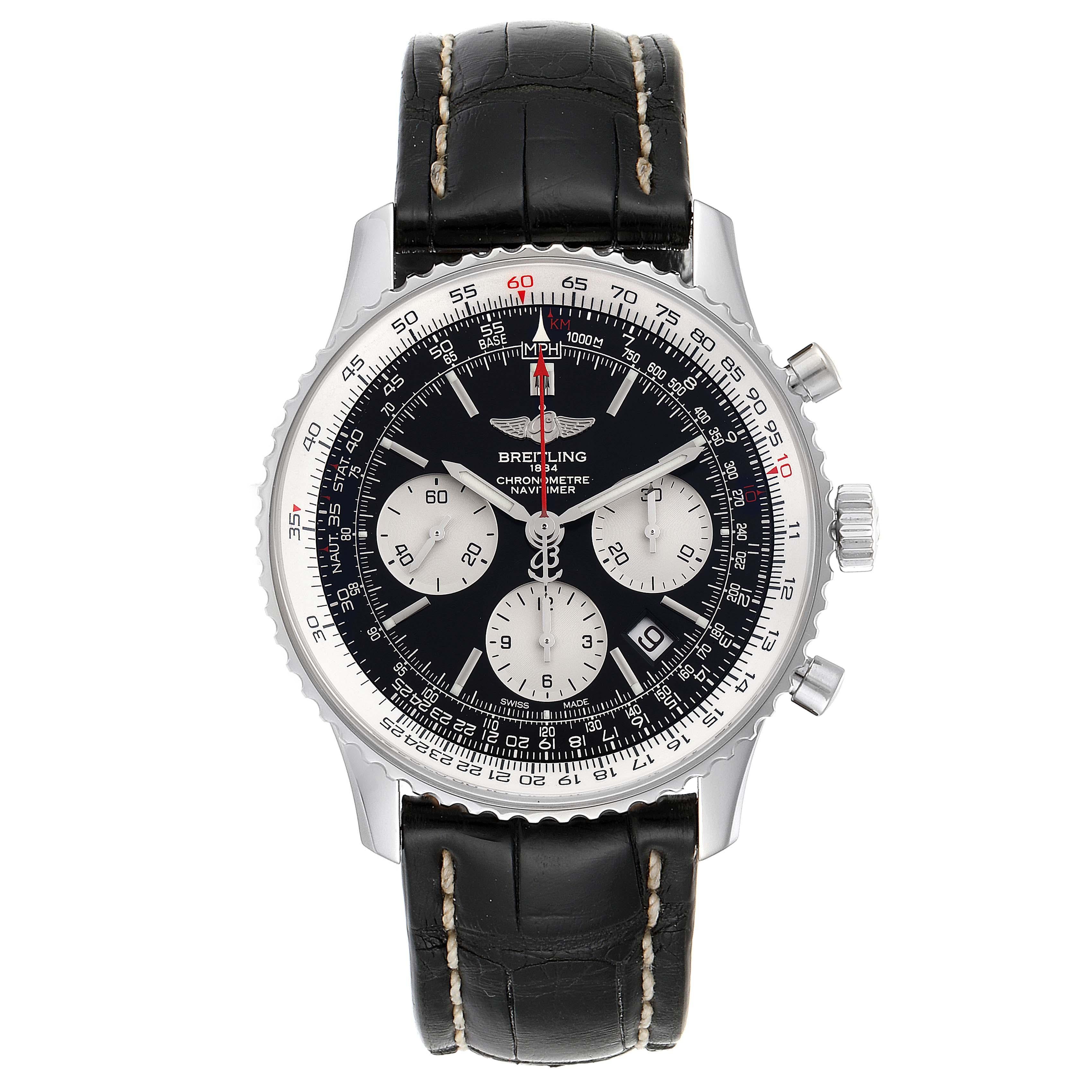 Breitling Navitimer 01 Black Dial Steel Mens Watch AB0121 Box Papers. Self-winding automatic officially certified chronometer movement. Chronograph function. Stainless steel case 43 mm in diameter. Case thickness 14.25 mm. Transparrent exhibition