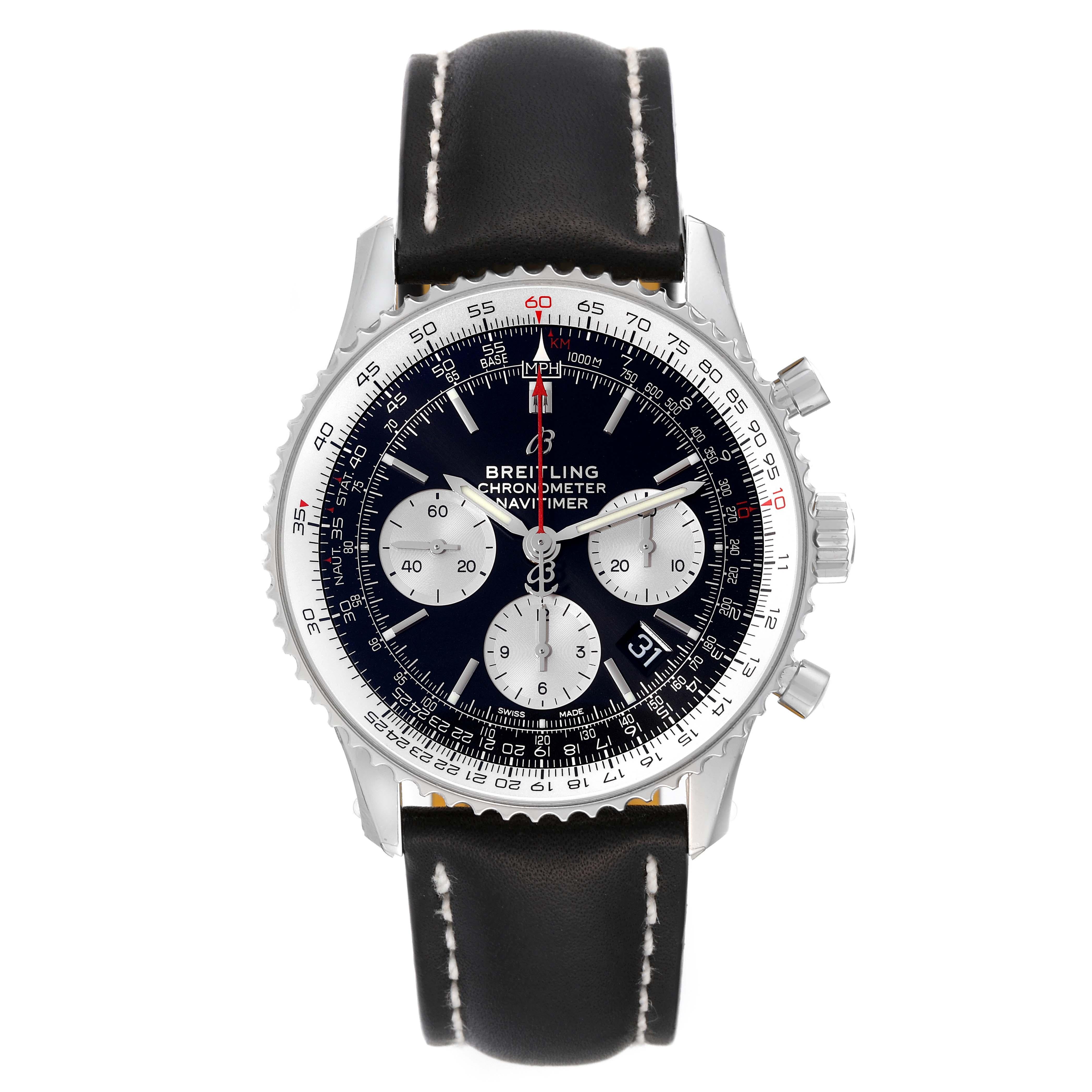 Breitling Navitimer 01 Black Dial Steel Mens Watch AB0121 Unworn. Self-winding automatic officially certified chronometer movement. Chronograph function. Stainless steel case 43 mm in diameter. Case thickness 14.25 mm. Transparent exhibition